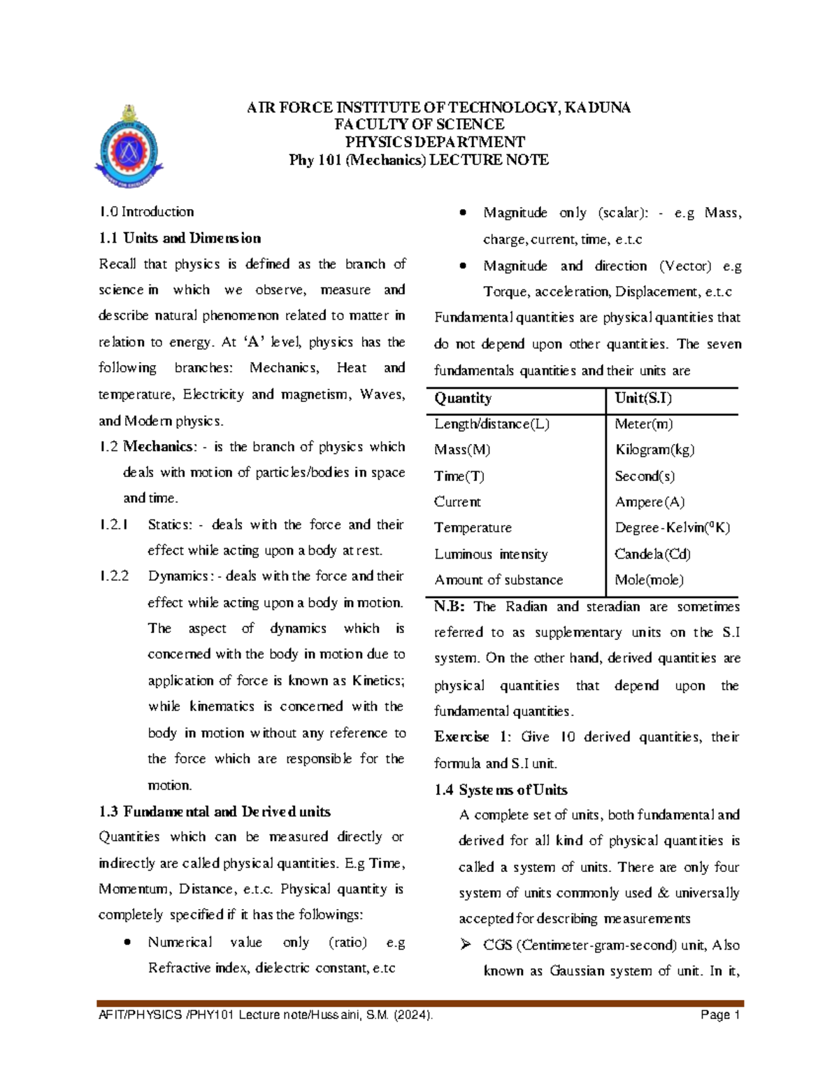 PHY 101 Lecture Notes: Introduction to Mechanics and Units - Studocu