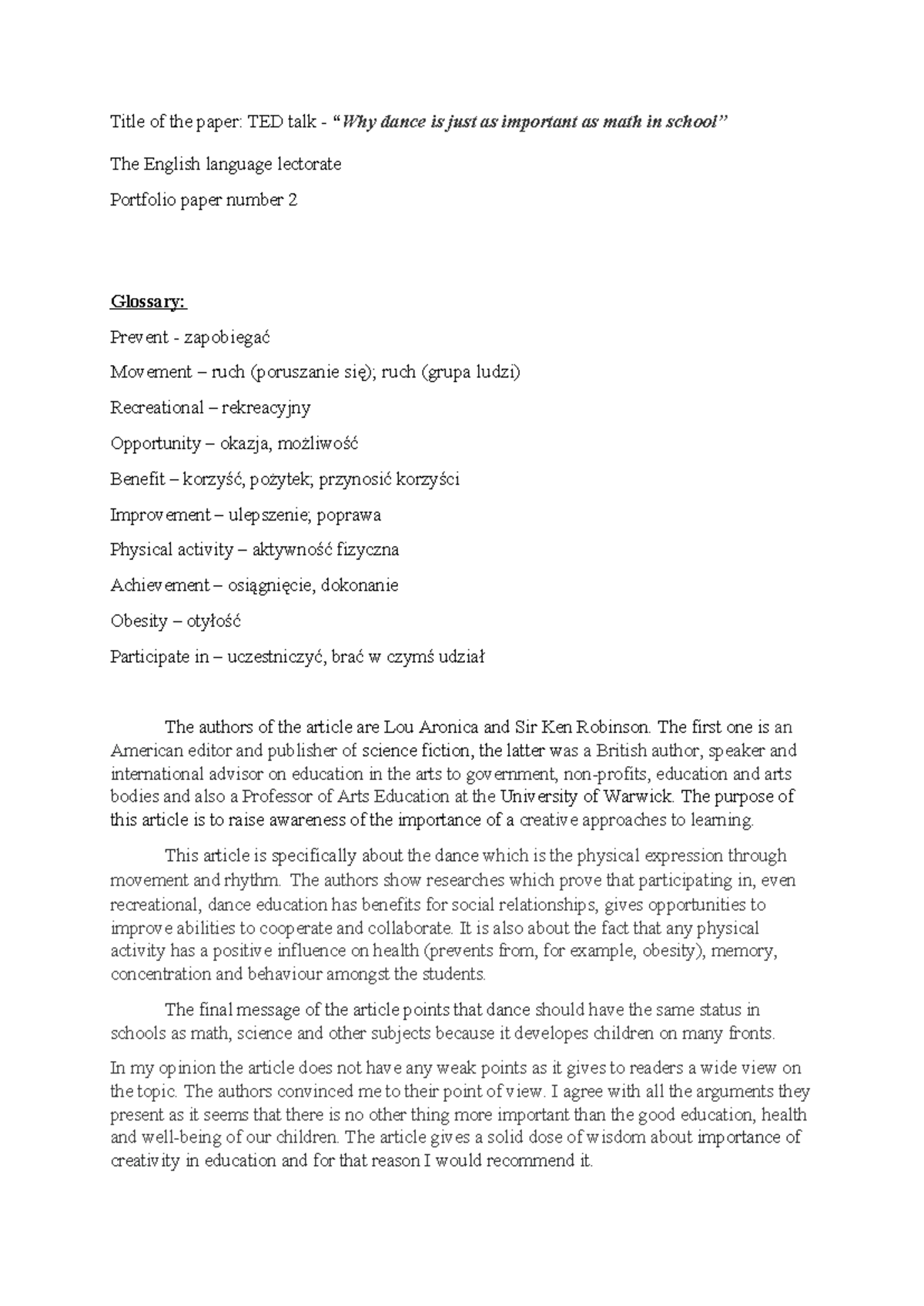 TED talk Portfolio Paper (4) poprawiony task - Title of the paper: TED ...