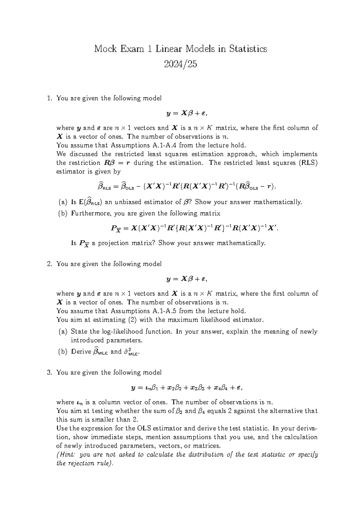 LM Mock Exam 1: Questions on Linear Models in Statistics - Studeersnel
