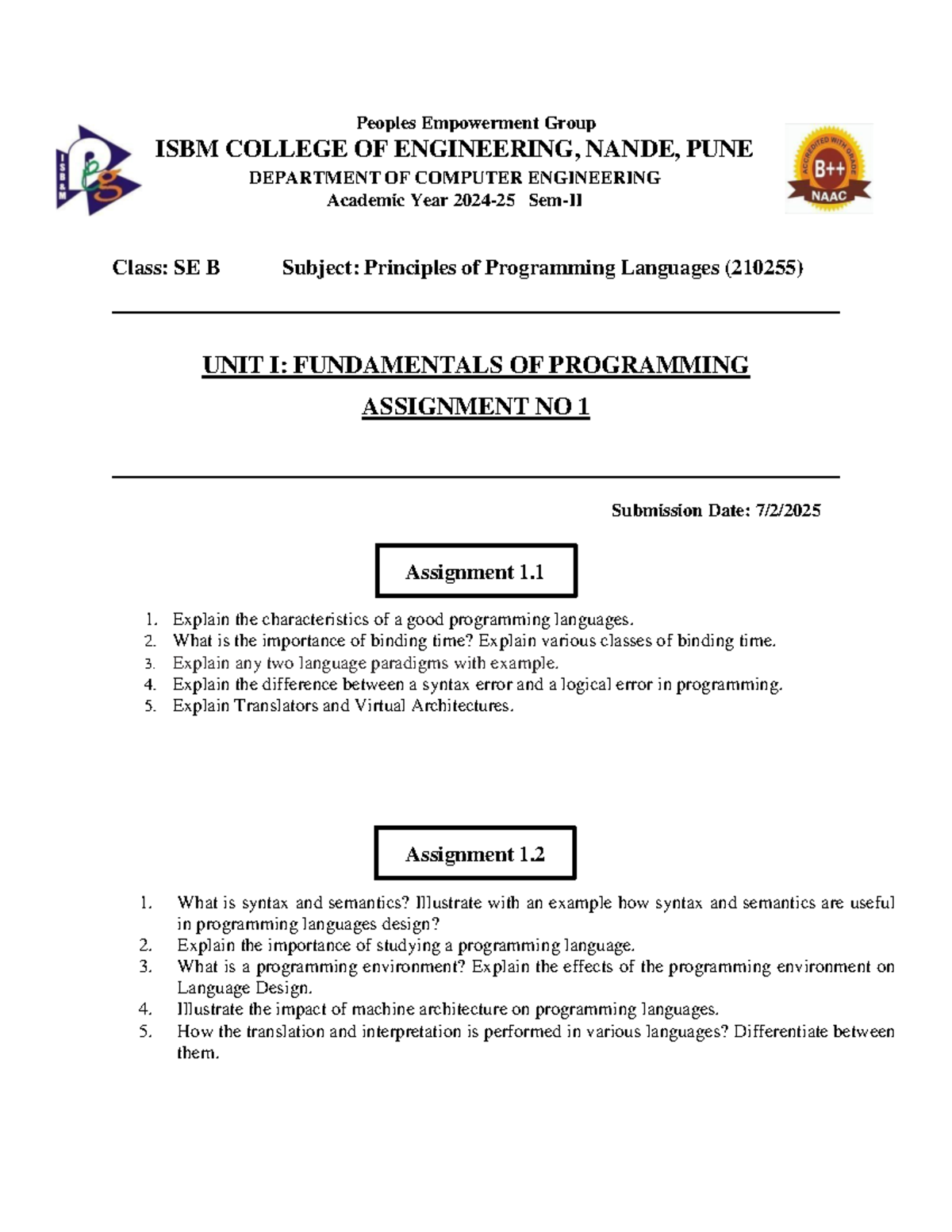 Assignment 1 Unit1 PPL Sem IV CE - Peoples Empowerment Group ISBM ...