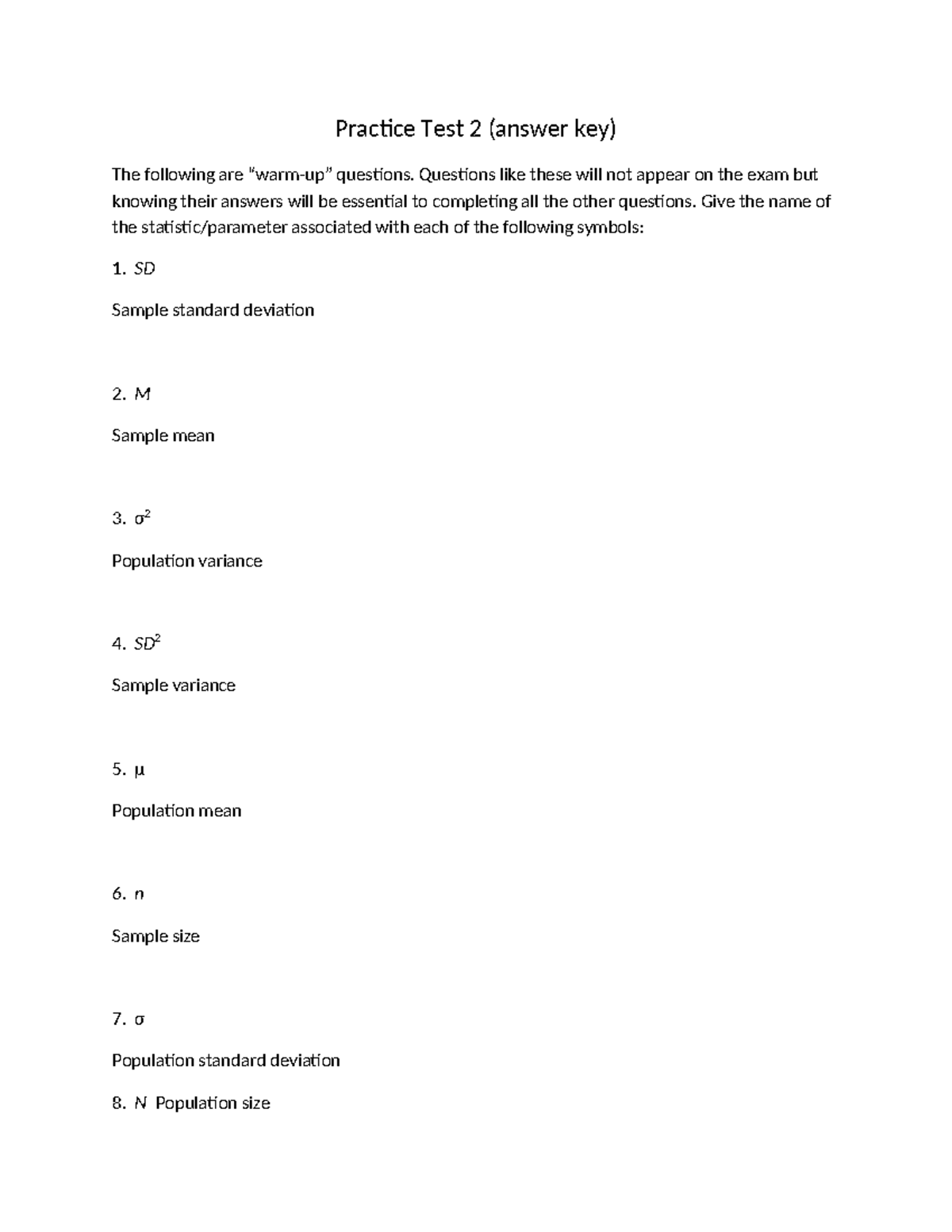 Practice Test 2 (Answer Key) for Statistics Course - Studocu