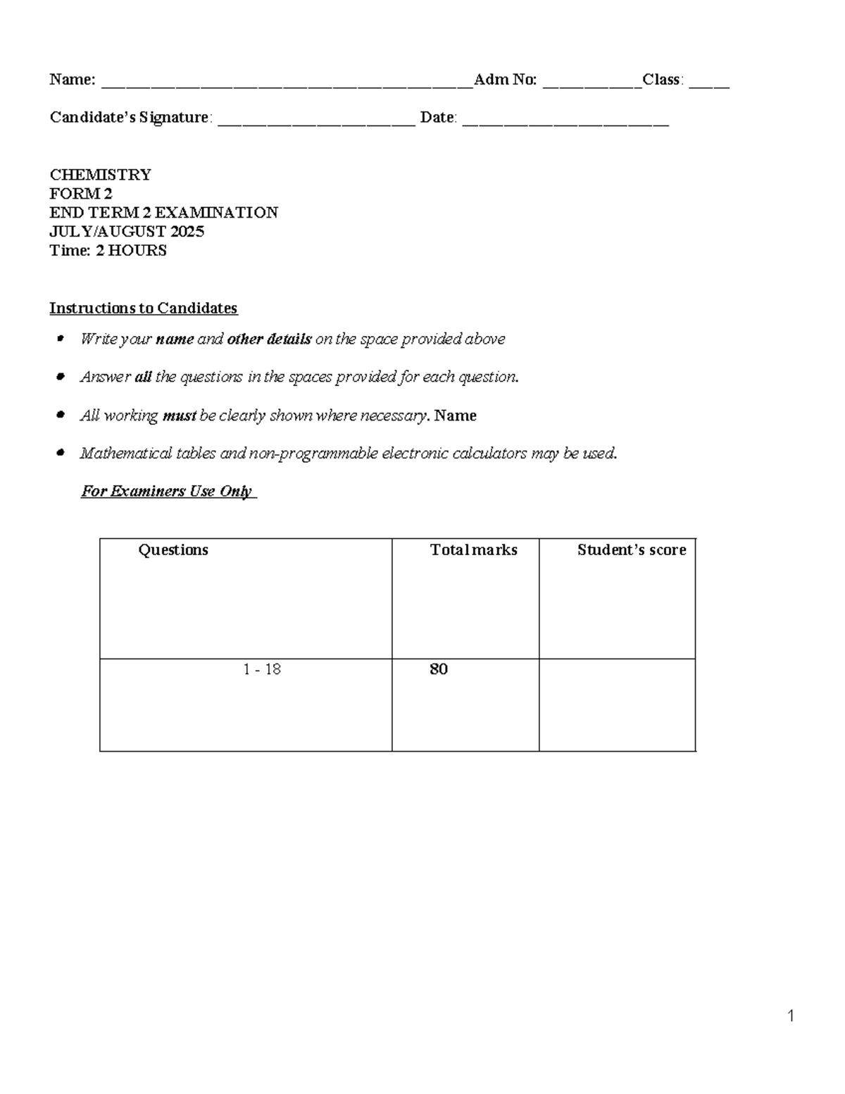 F2 Chemistry End Term 2 Exam Questions 2025 - Studocu