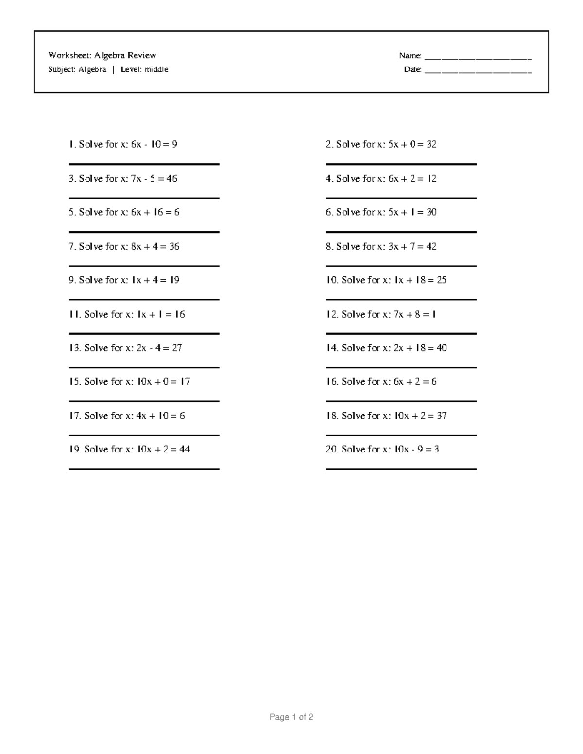 Algebra Worksheet: Middle Level Review (Algebra 101) - Studocu