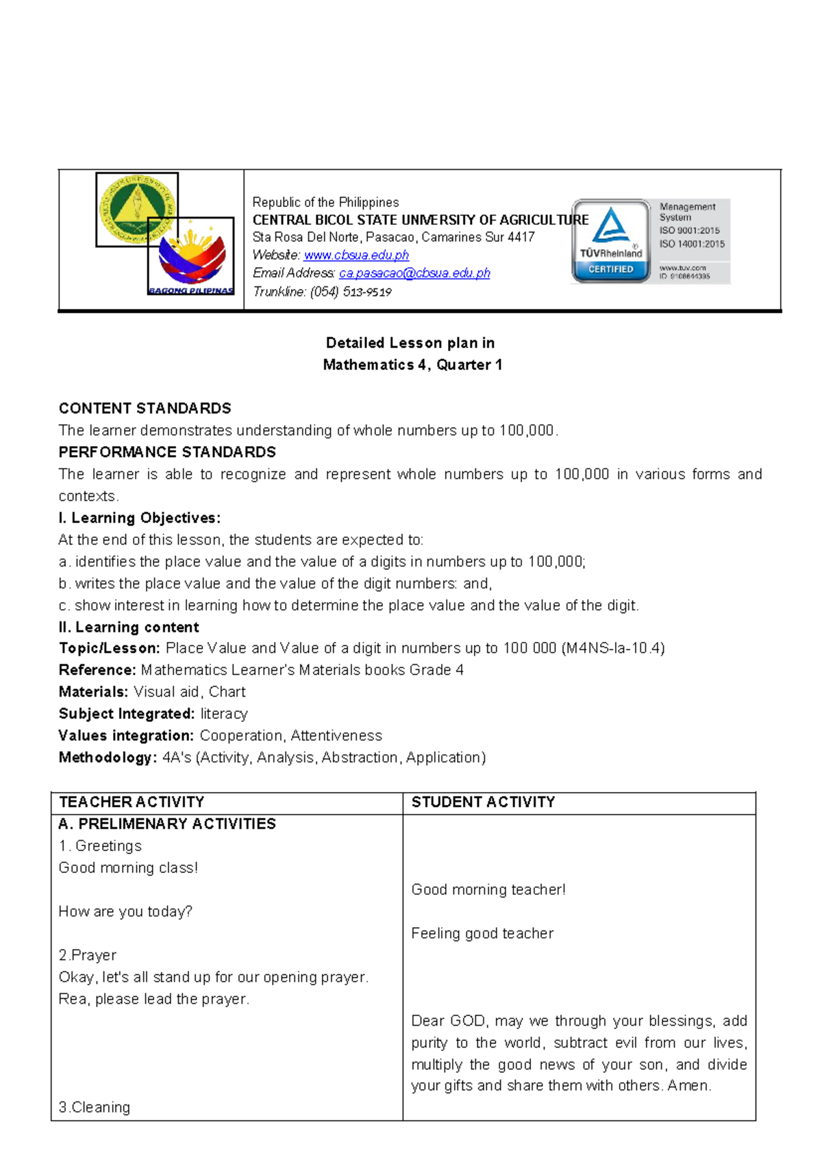 Detailed Lesson Plan in Mathematics 4 (Quarter 1) - Place Value - Studocu