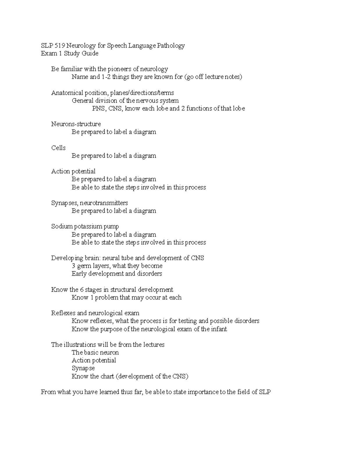 SLP 519 Neurology for SLP Exam 1 Study Guide: Key Concepts & Diagrams ...