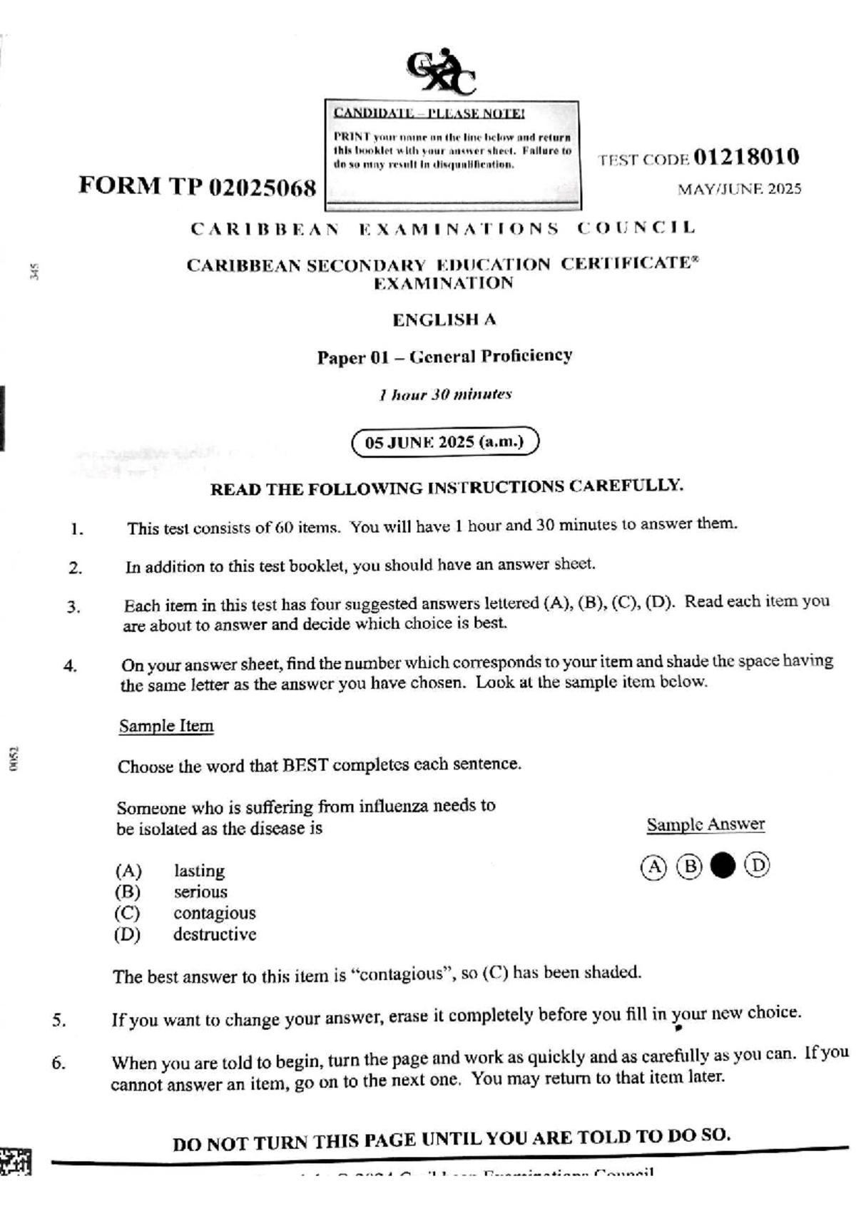 June 2025 CSEC English A Paper 01 Instructions and Guidelines - Studocu