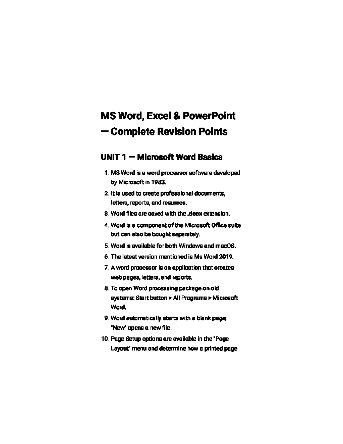 MS Office Study Points: Word, Excel & PowerPoint Revision UNIT 1 - Studocu