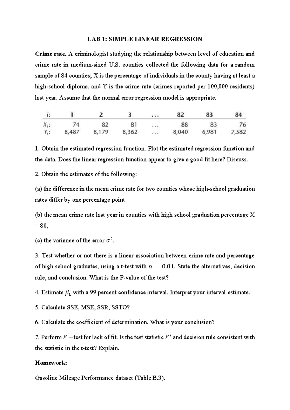 LAB 1: Simple Linear Regression Analysis of Crime Rate (2026) - Studocu