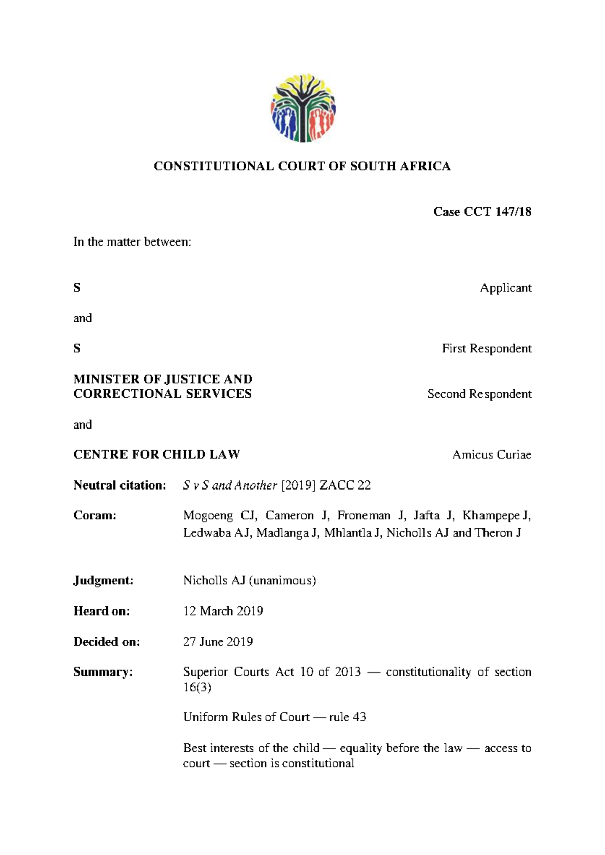 S v S - Case Summary on Divorce and Rule 43 Application - Studocu