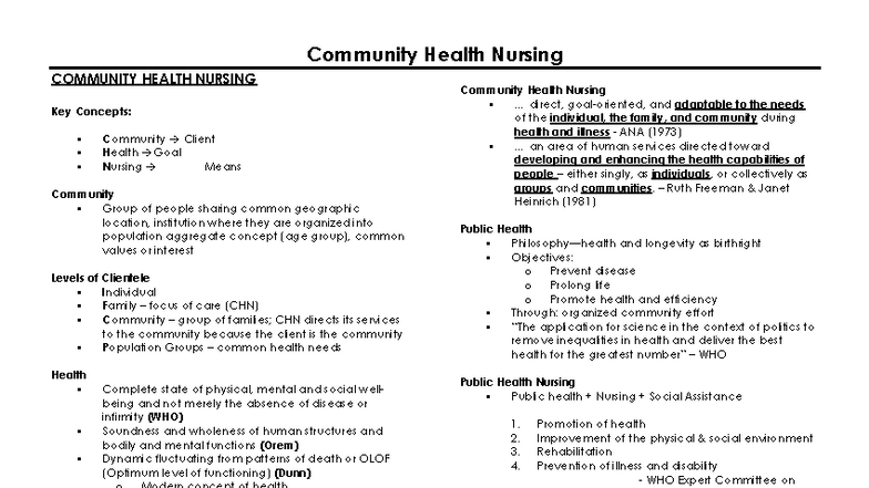 Community Health Nursing Concepts and Practices: CHN312 Reviewer - Studocu
