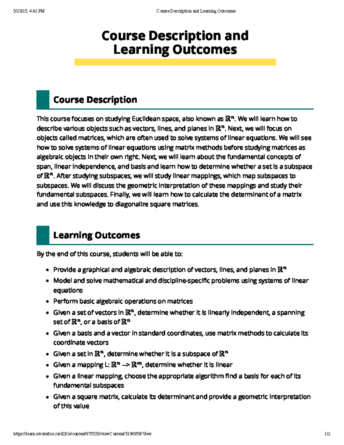 MATH 106 Course Description & Learning Outcomes Overview - Studocu