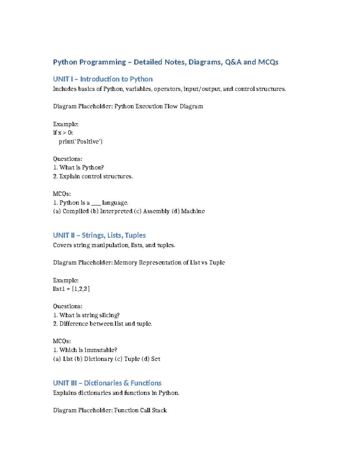 Python Programming Full Notes with QA MCQs for UNIT I-V - Studocu