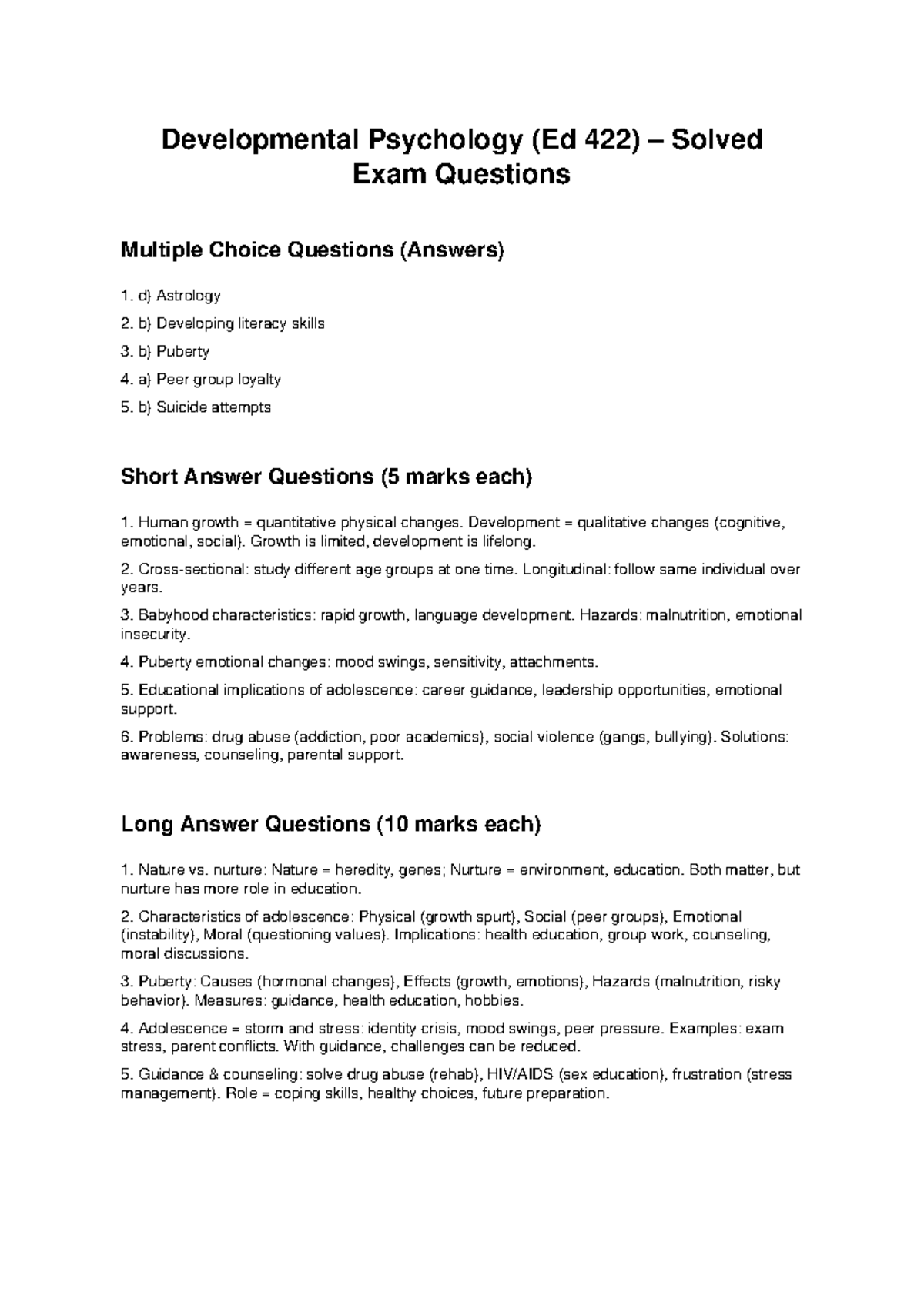 Developmental Psychology (Ed 422) Solved Exam Questions & Answers - Studocu