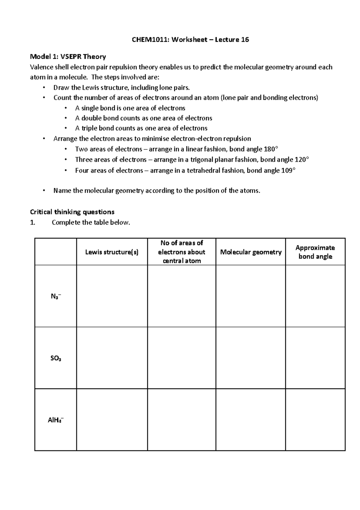 Worksheet 16 - cwewefwe - CHEM1011: Worksheet – Lecture 16 Model 1 ...