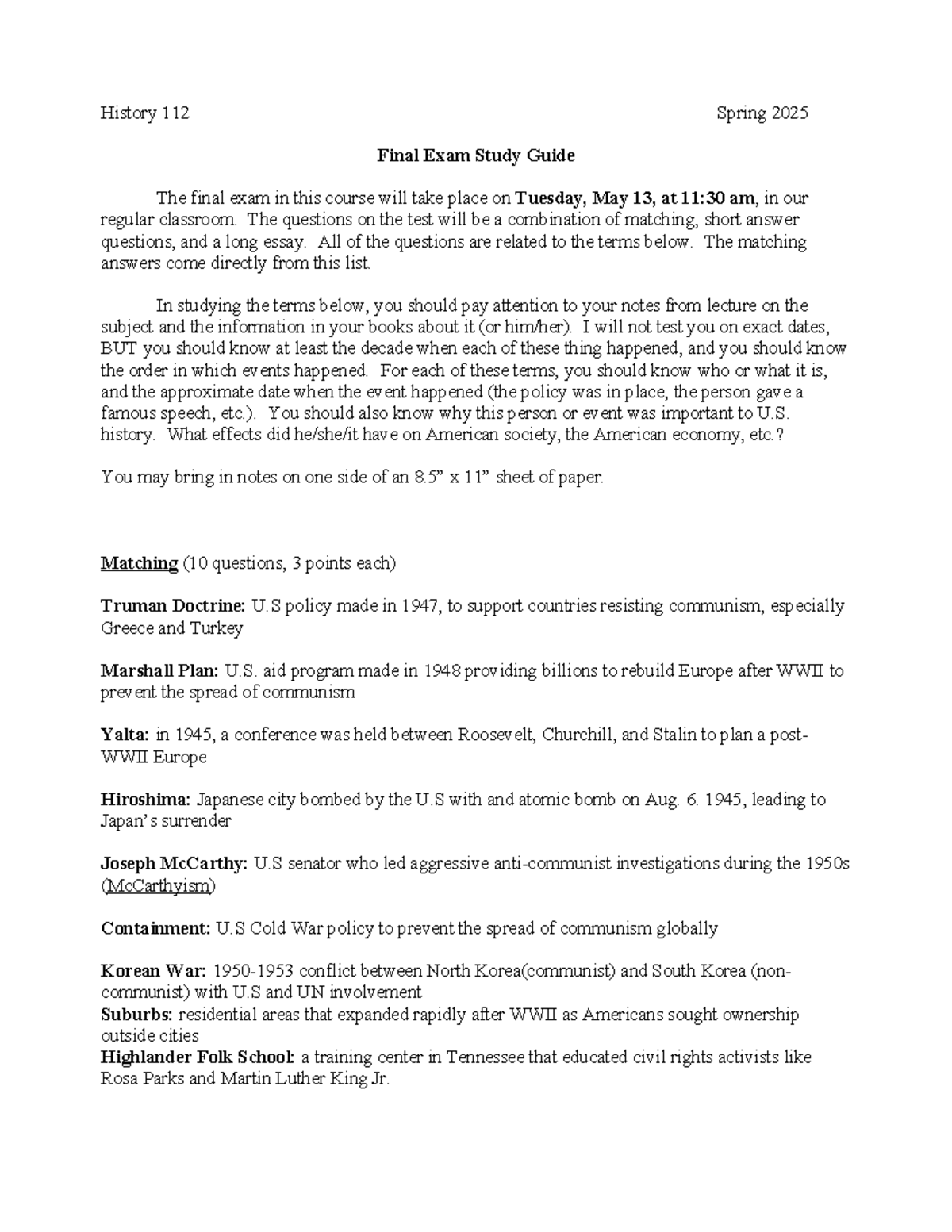 History 112: Spring 2025 Final Exam Study Guide & Key Concepts - Studocu
