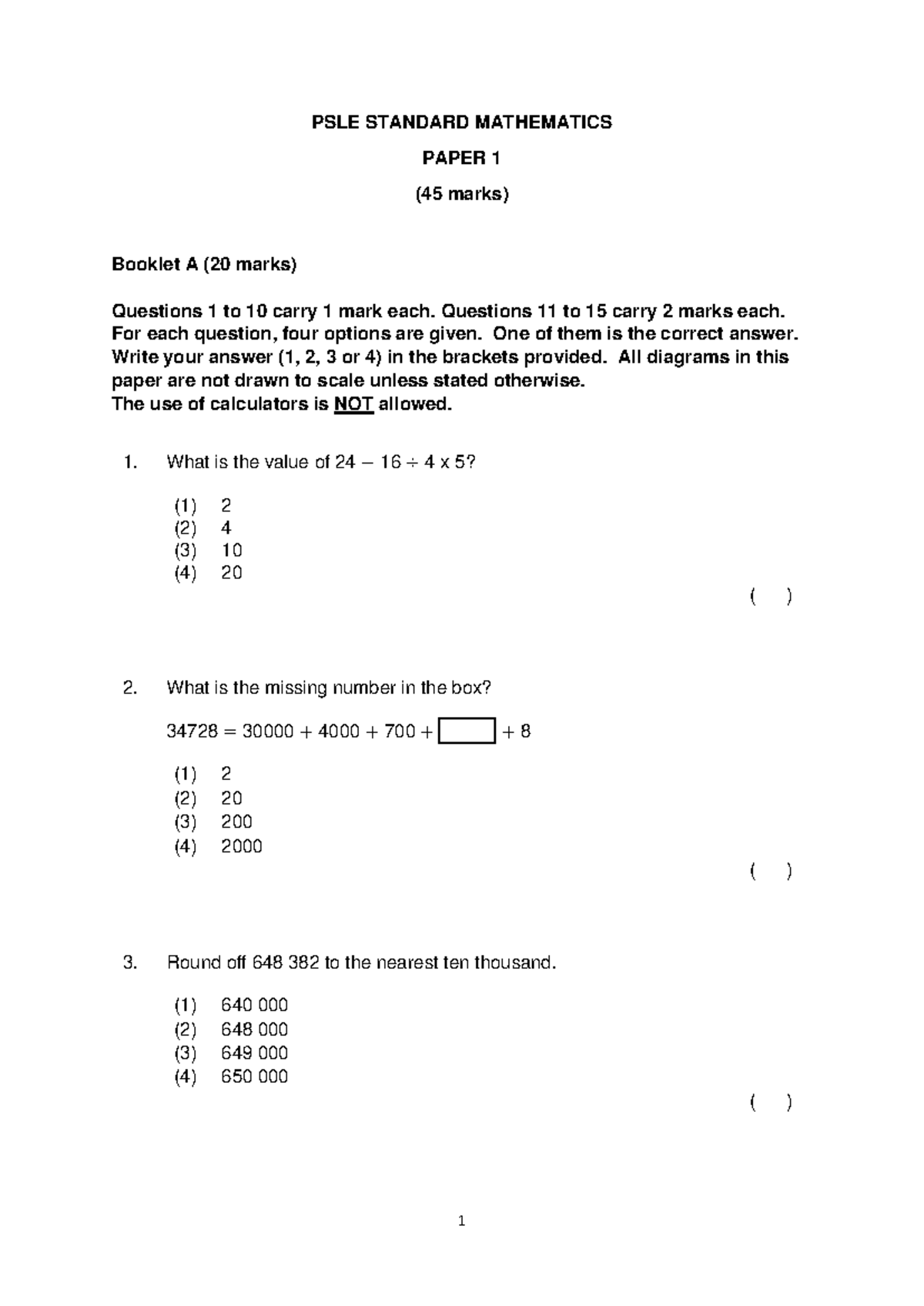 PSLE Mathematics Exam 1 (Oct 2019) - Official Questions & Answers - Studocu
