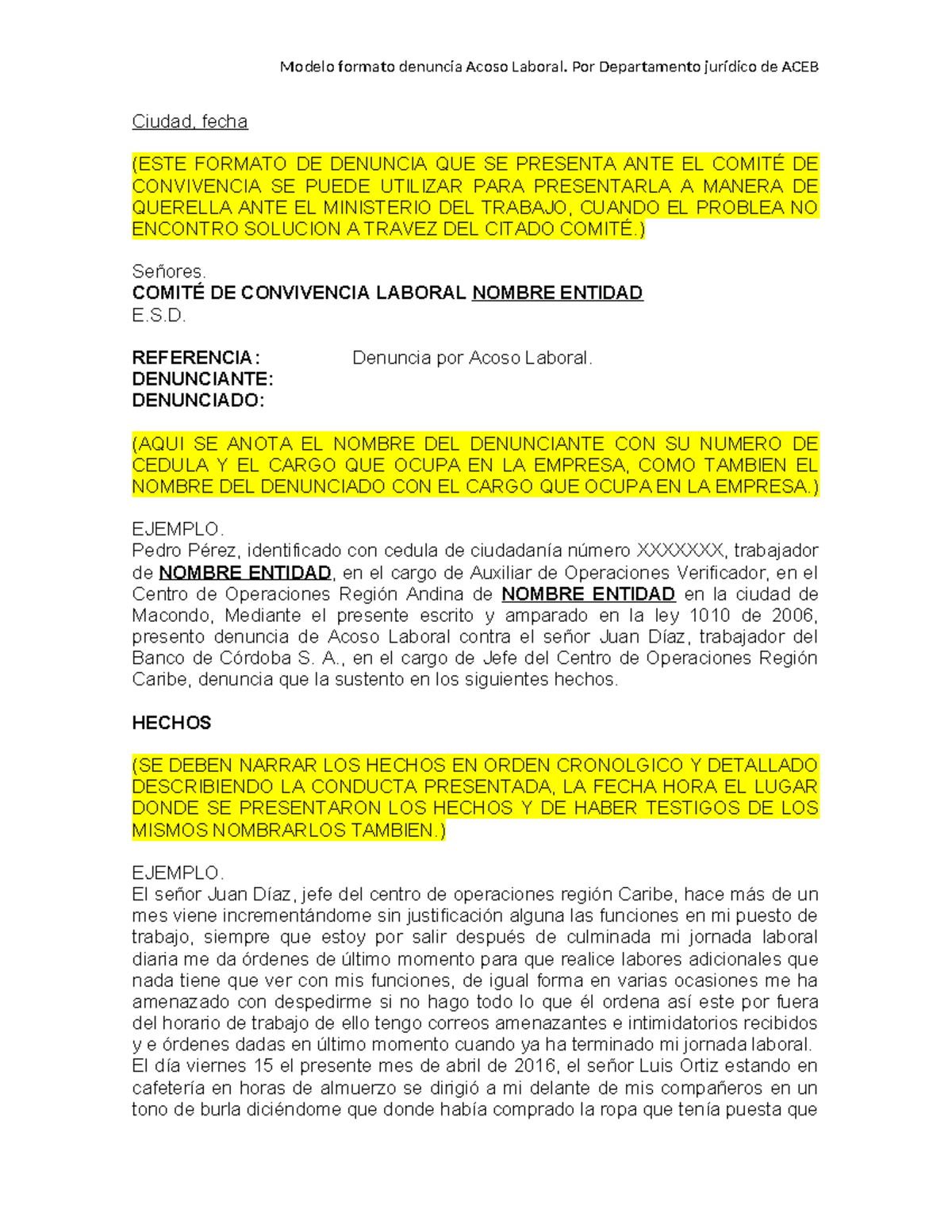 Modelo de Denuncia por Acoso Laboral - ACEB Jurídico - Studocu