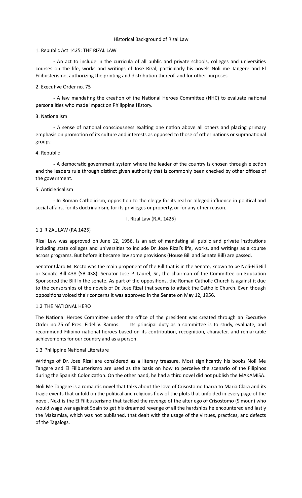 Historical Background and Significance of Rizal Law (R.A. 1425) - Studocu