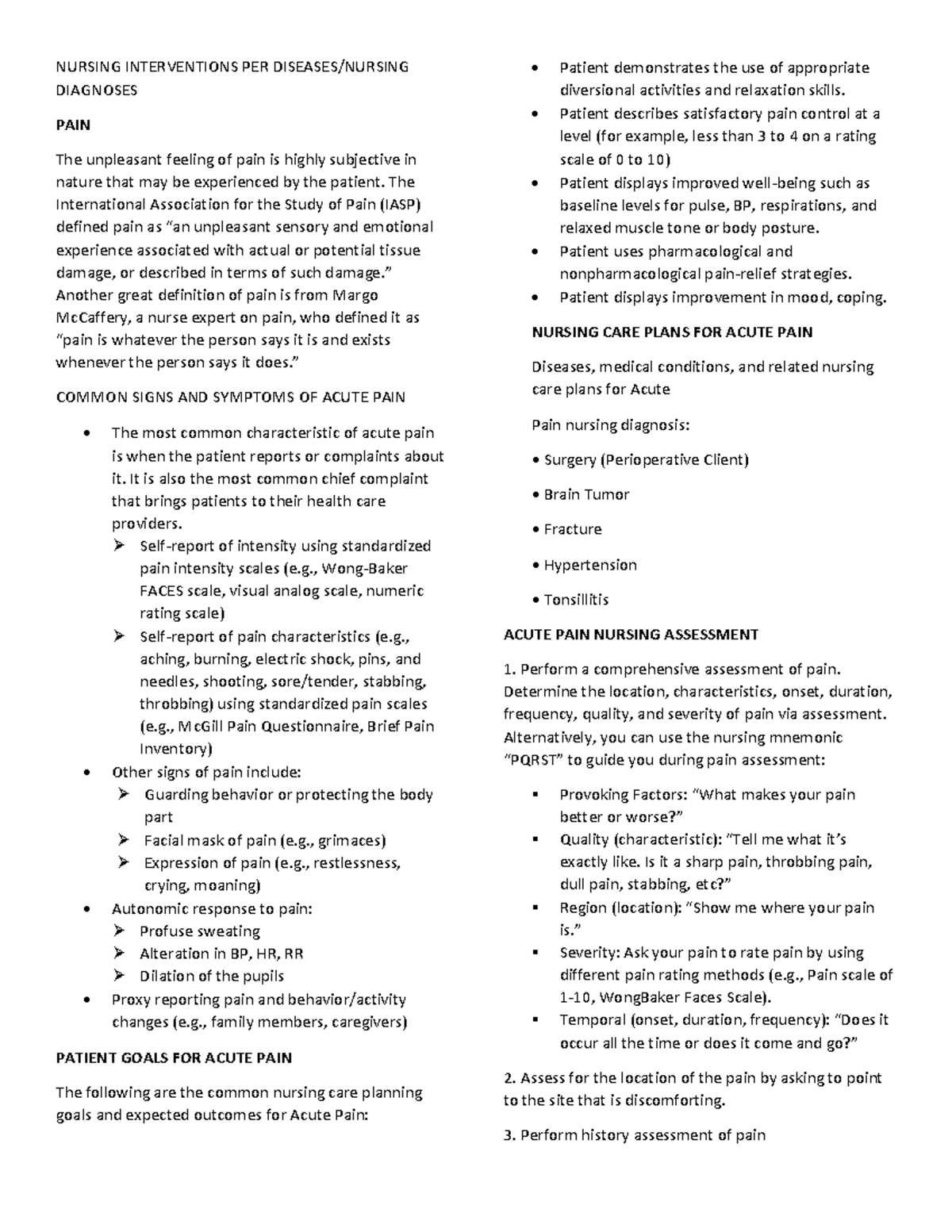 NURS 101: Nursing Interventions for Acute Pain Management - Studocu