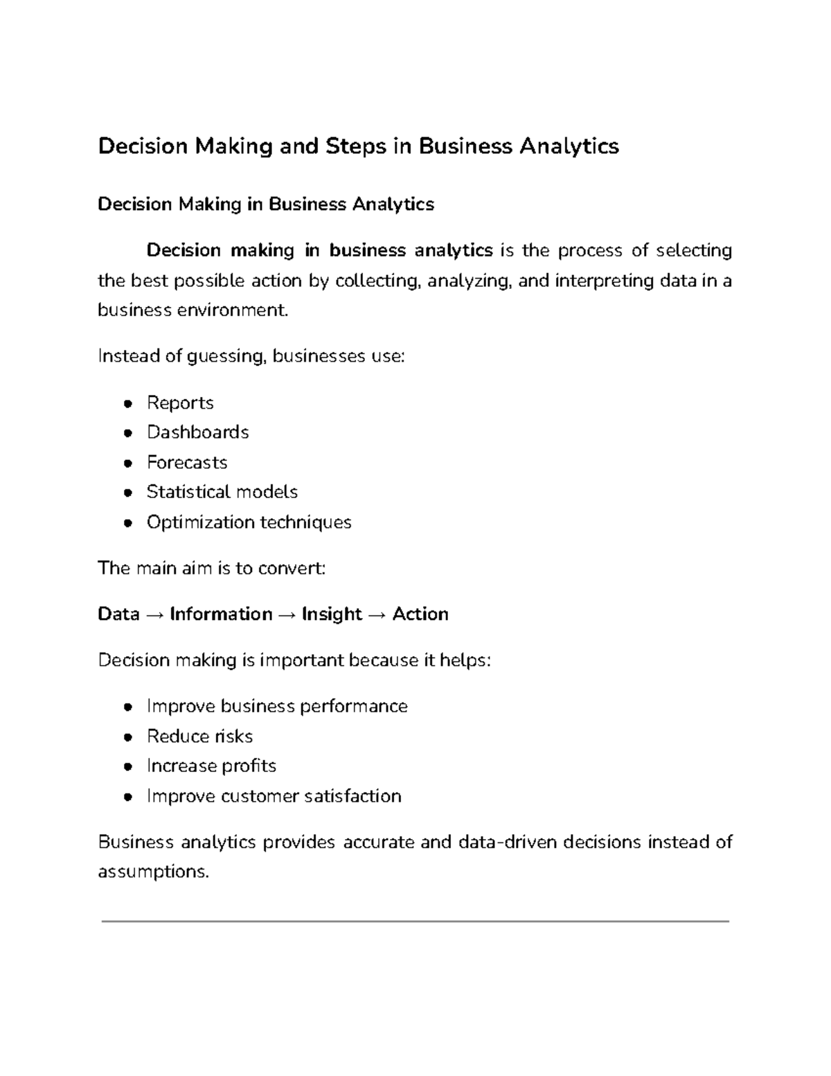 Business Analytics (Unit 2) - Decision Making & Data Insights - Studocu