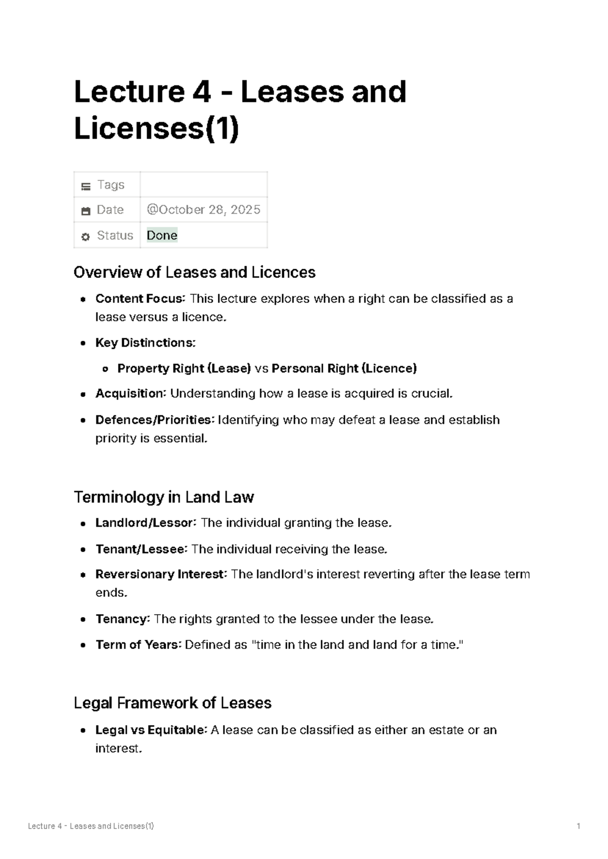 Land Law Lecture 4: Leases vs Licenses Overview - Studocu