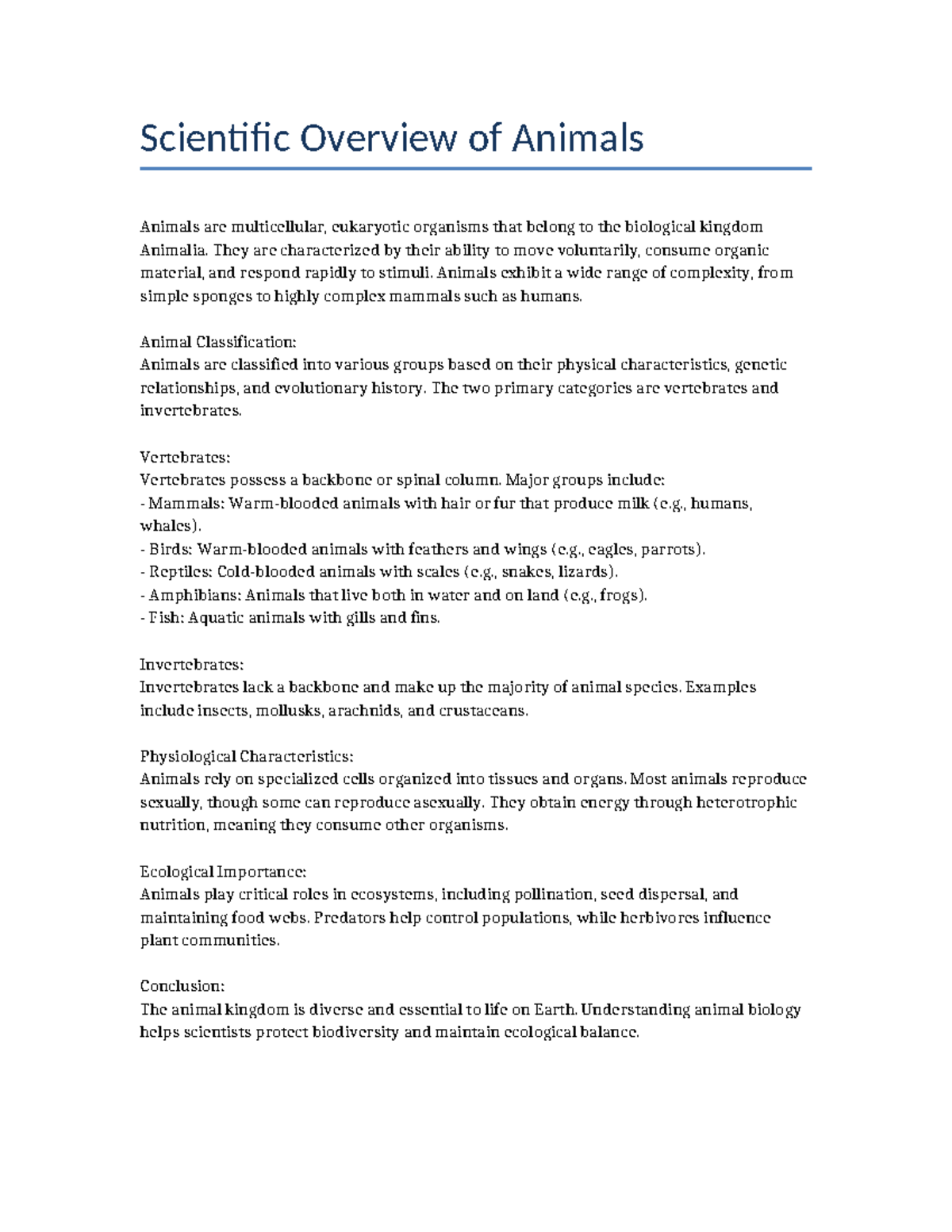 Scientific Overview of Animals: Classification & Importance - Studocu