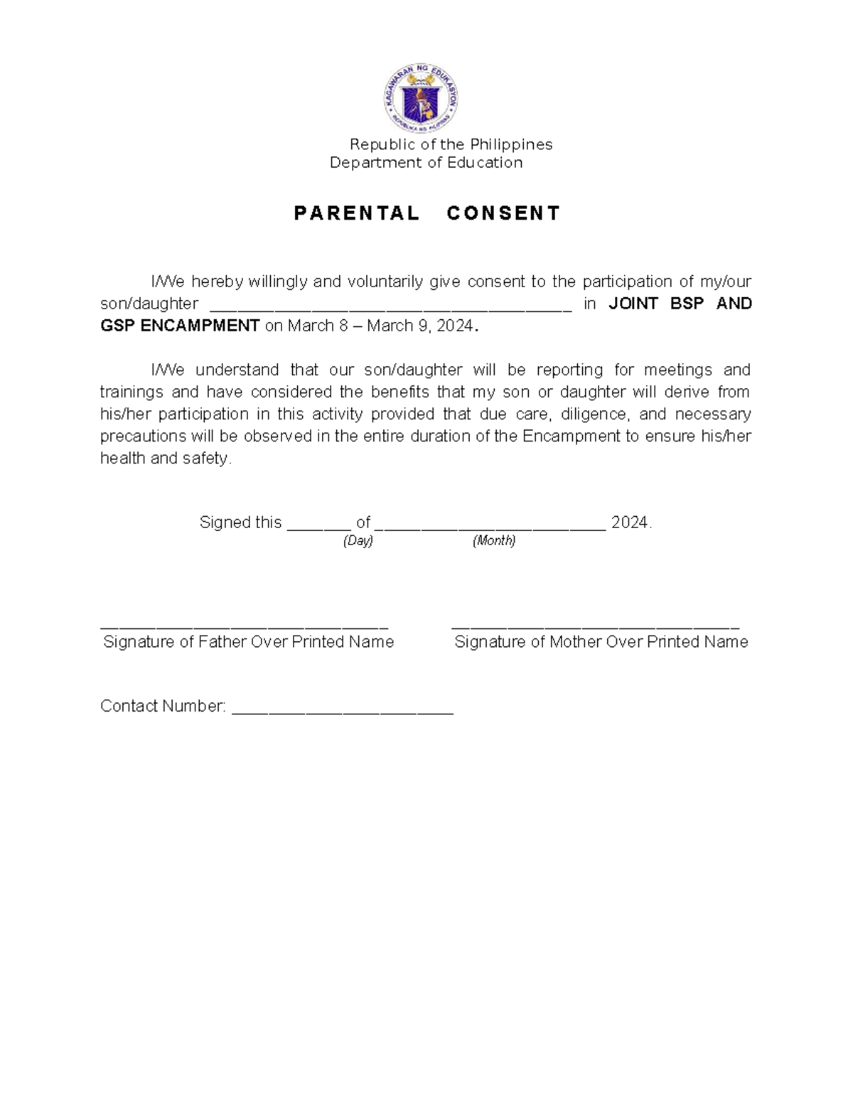 Parental Consent for Joint BSP and GSP Encampment 2024 - Studocu