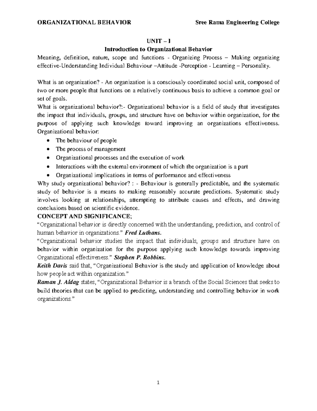 OB 101: Introduction to Organizational Behavior - Unit I Overview - Studocu