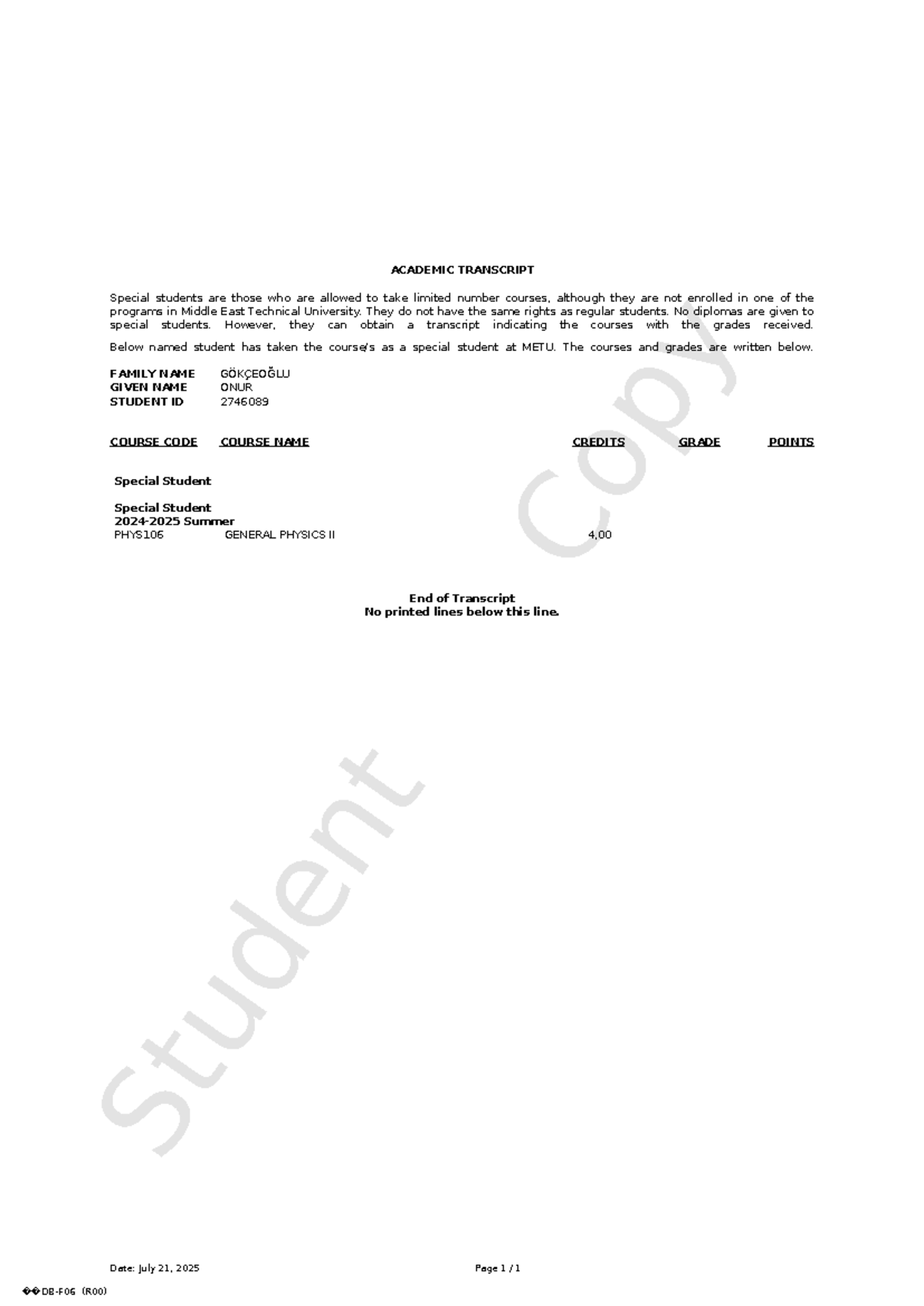 METU Academic Transcript for Special Student 2746089 - Studocu