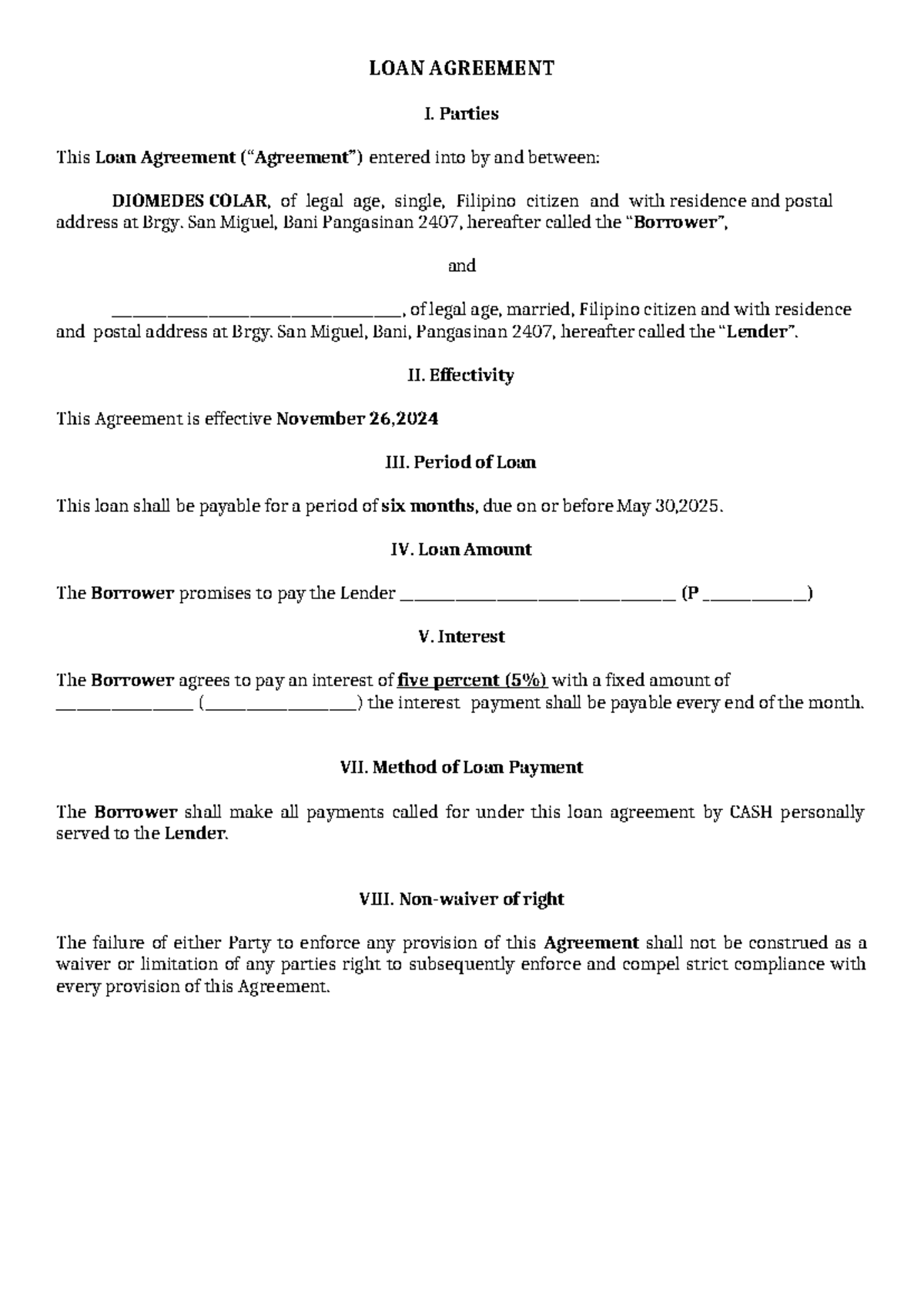 Loan Agreement Sample in the Philippines - DIOMEDES COLAR - Studocu