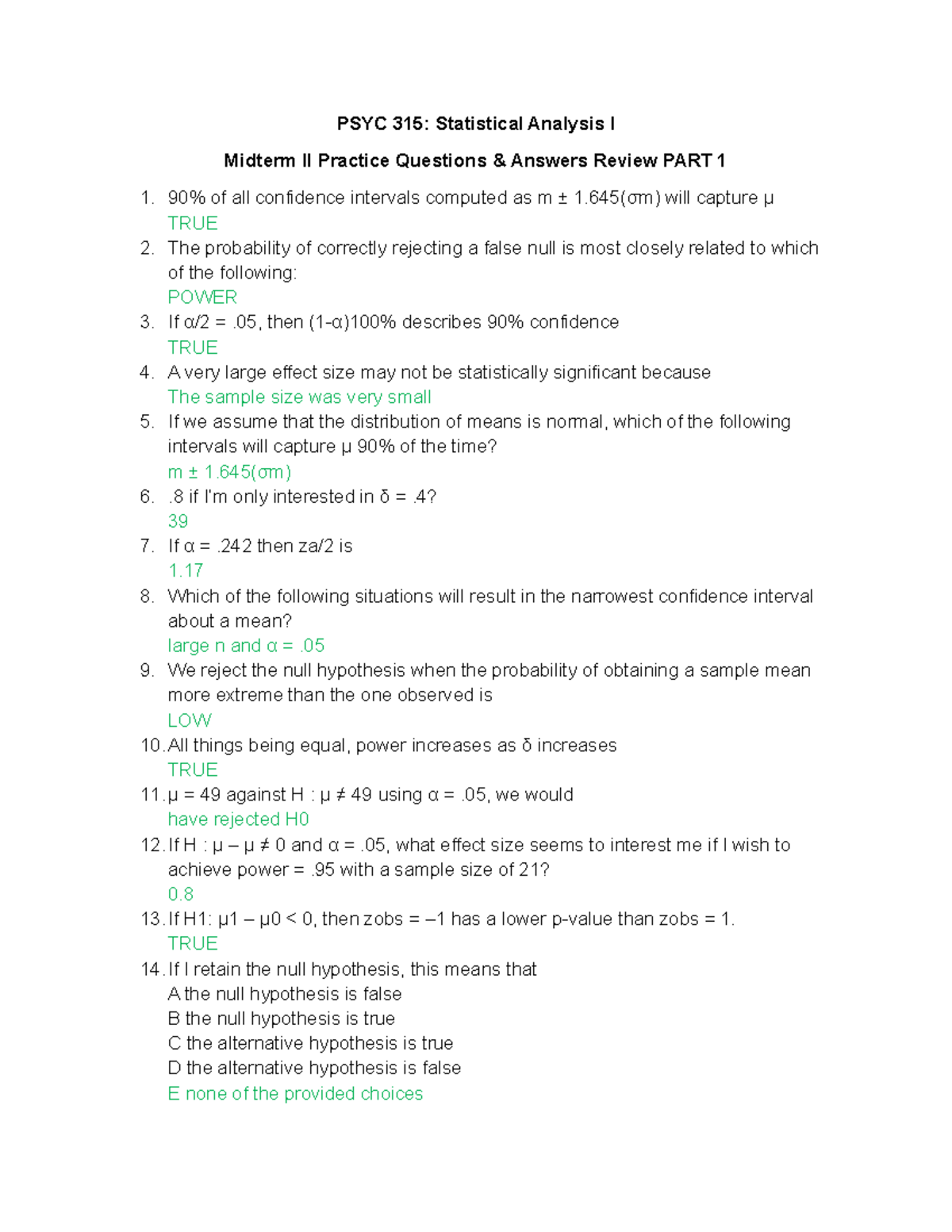 PSYC 315: Midterm II Practice Questions & Answers Review PART 1 - Studocu