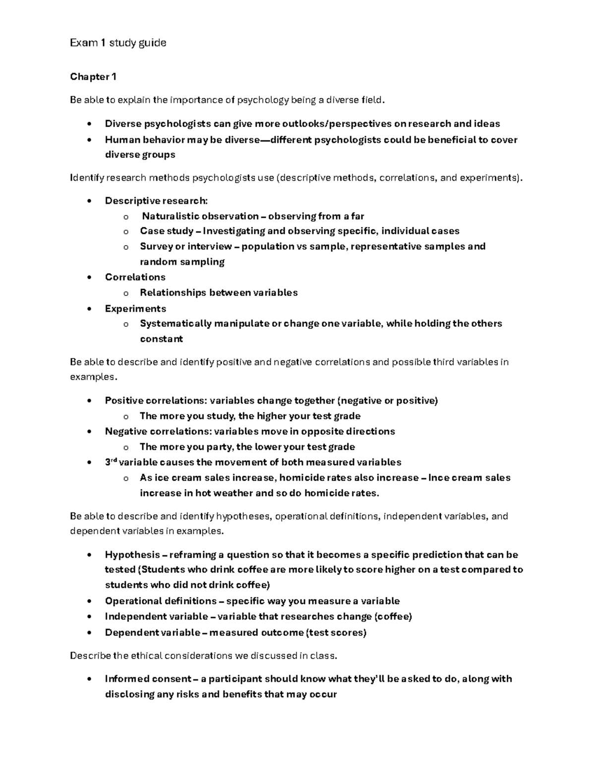Exam 1 Study Guide for Psychology (PSY101) - Key Concepts & Research ...