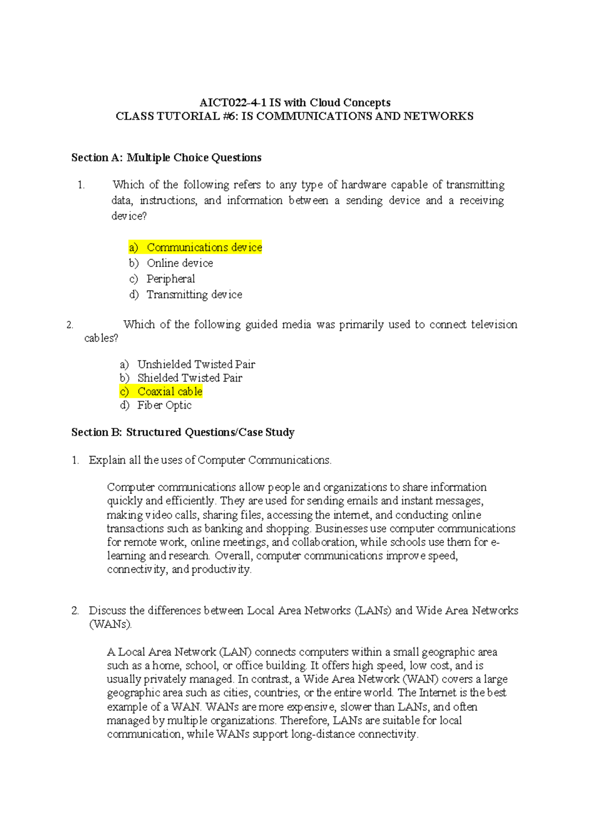 IS Communications and Networks Tutorial 6: Cloud Concepts & MCQs - Studocu