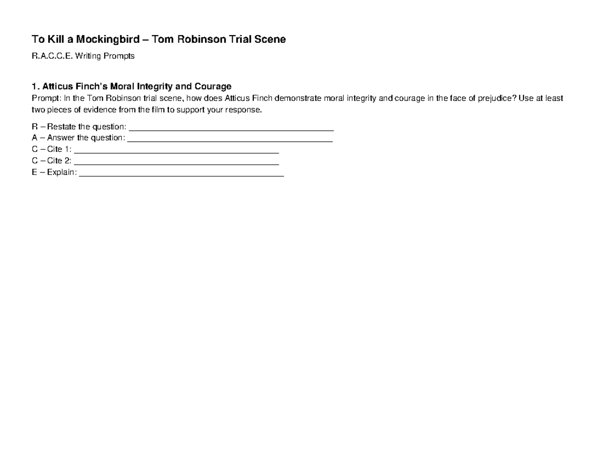 TKAM R.A.C.C.E. Writing Prompts: Atticus & Tom Robinson Analysis - Studocu