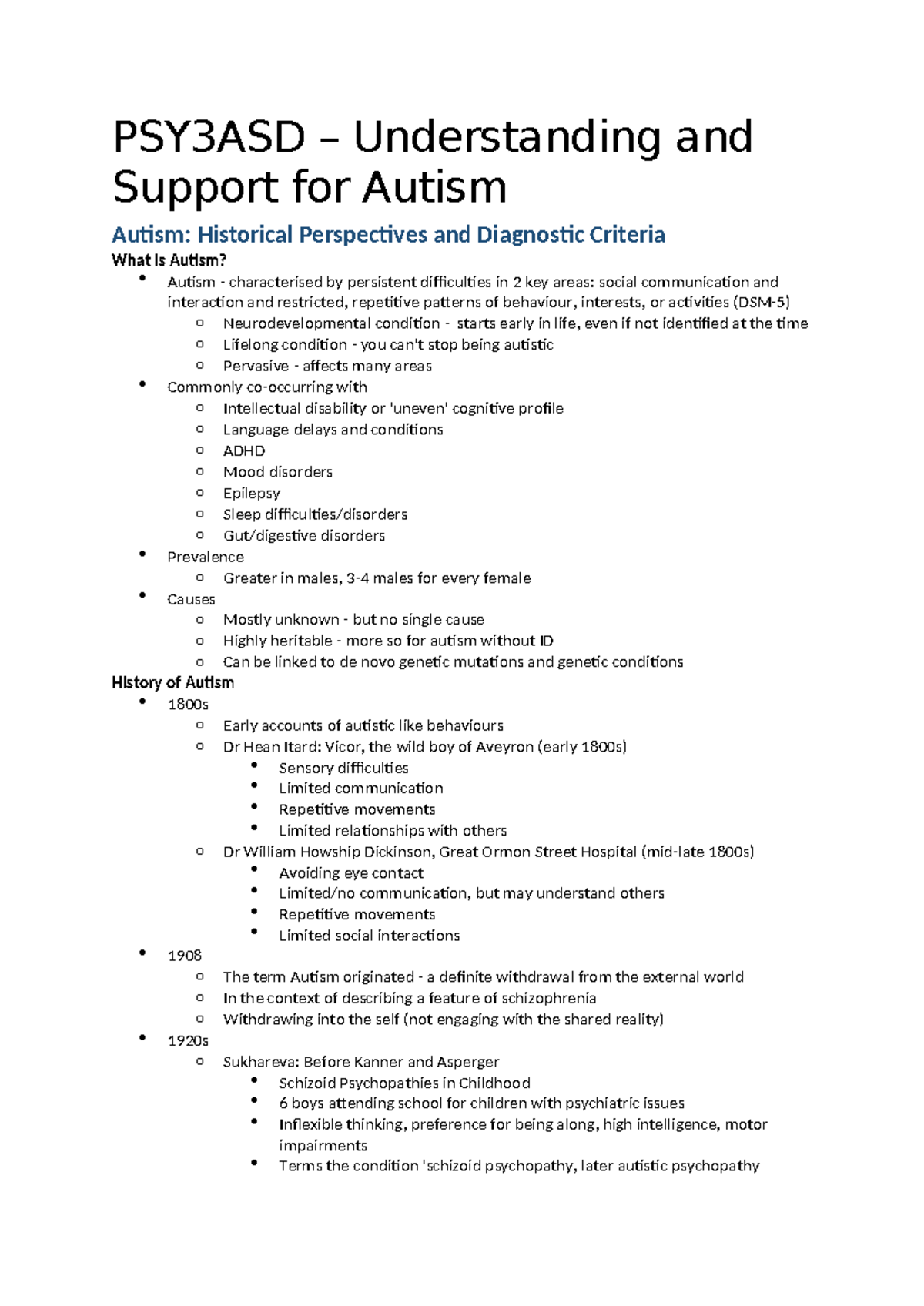 PSY3ASD Final Exam Notes: Understanding Autism and Its History - Studocu