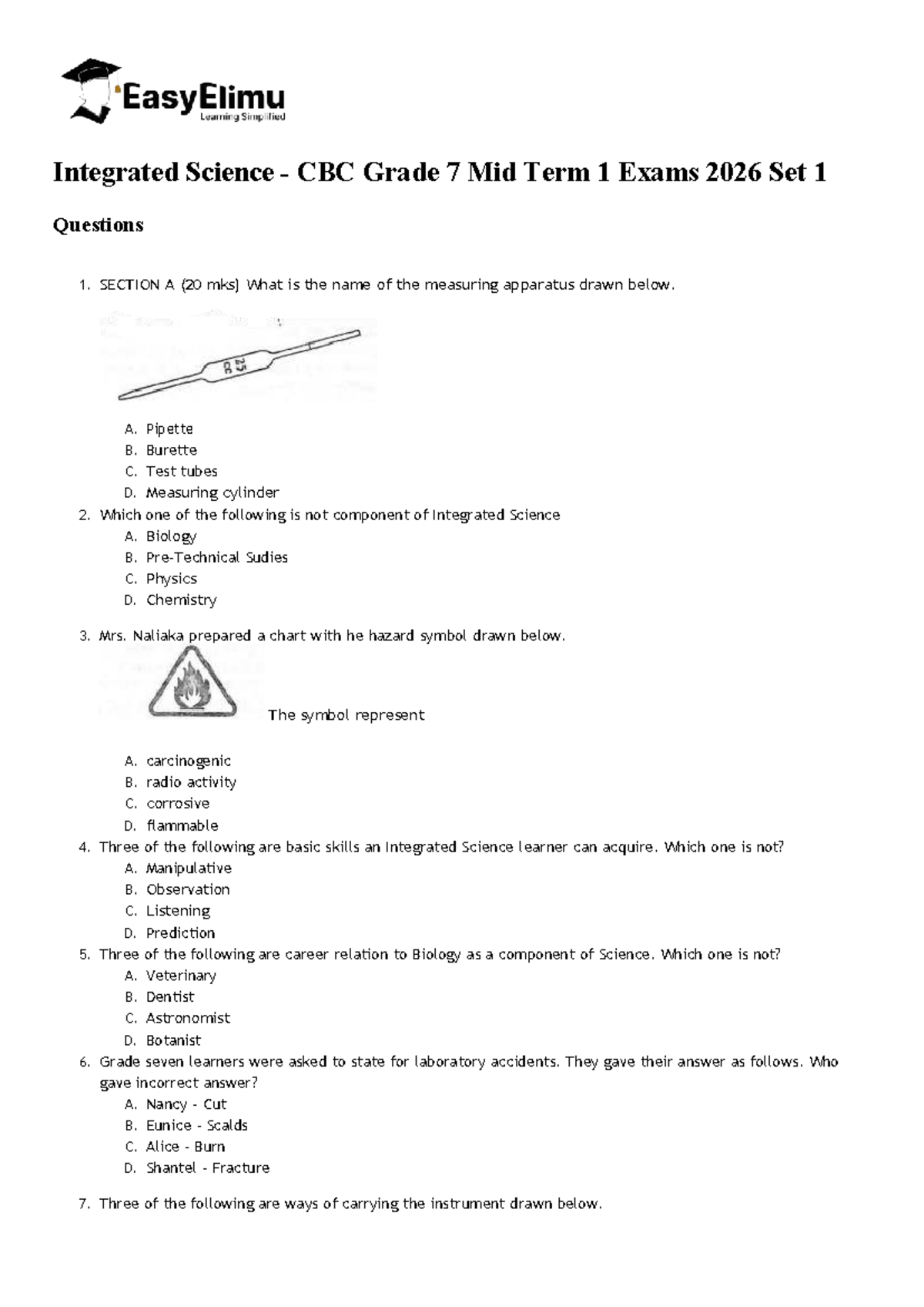 Integrated Science - CBC Grade 7 Midterm 1 Exam Questions 2026 Set 1 ...