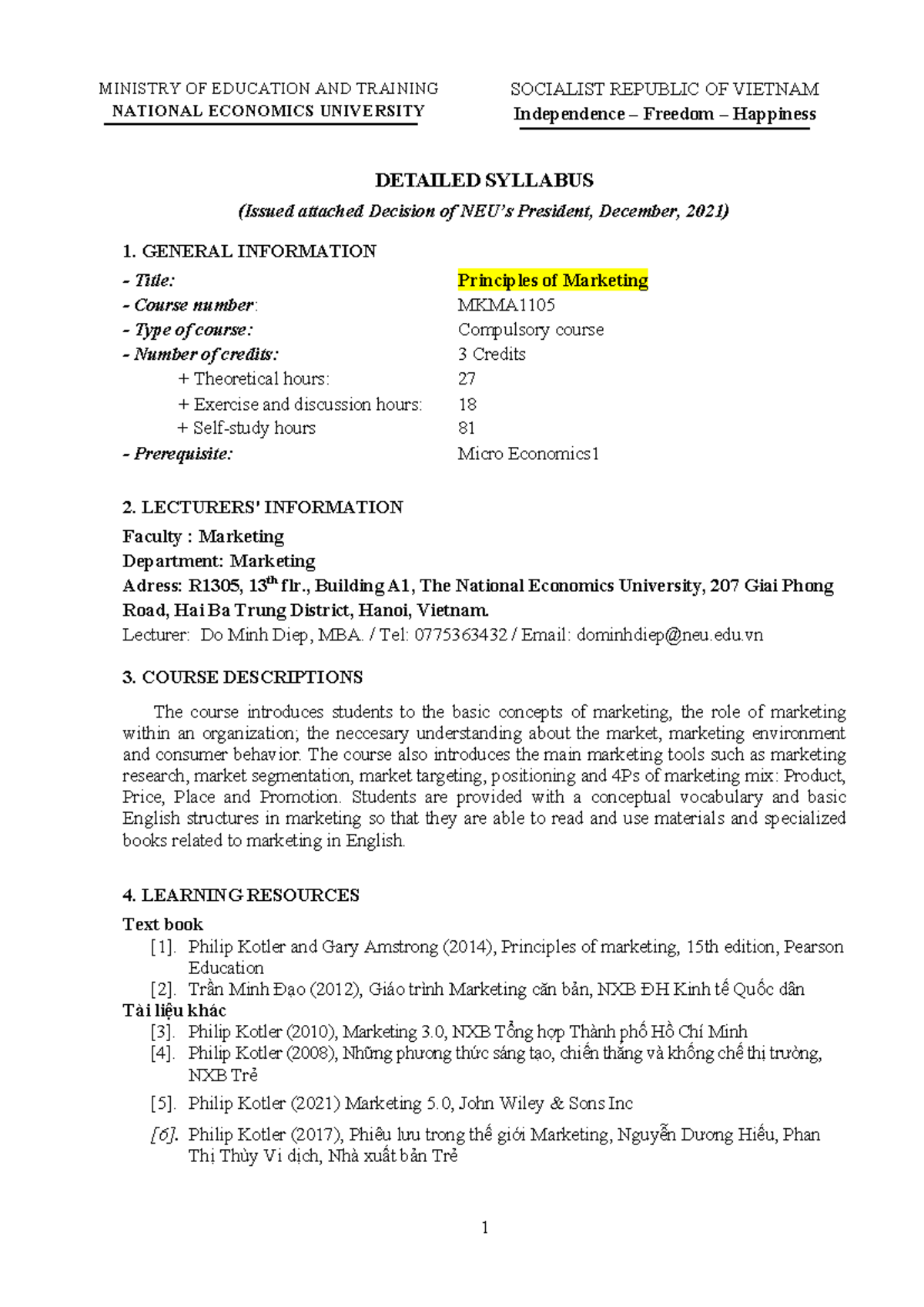 MKMA1105: Detailed Syllabus for Principles of Marketing Course - Studocu