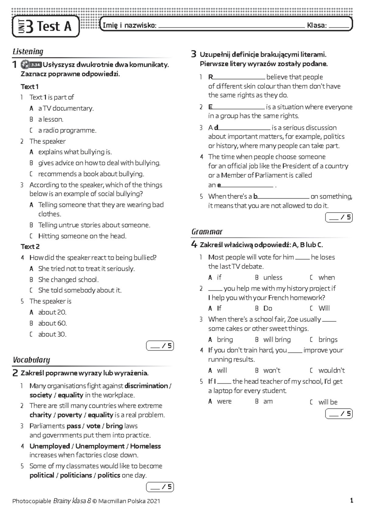 Brainy kl8 Unit Test 3A - Listening and Functions Assessment - Studocu