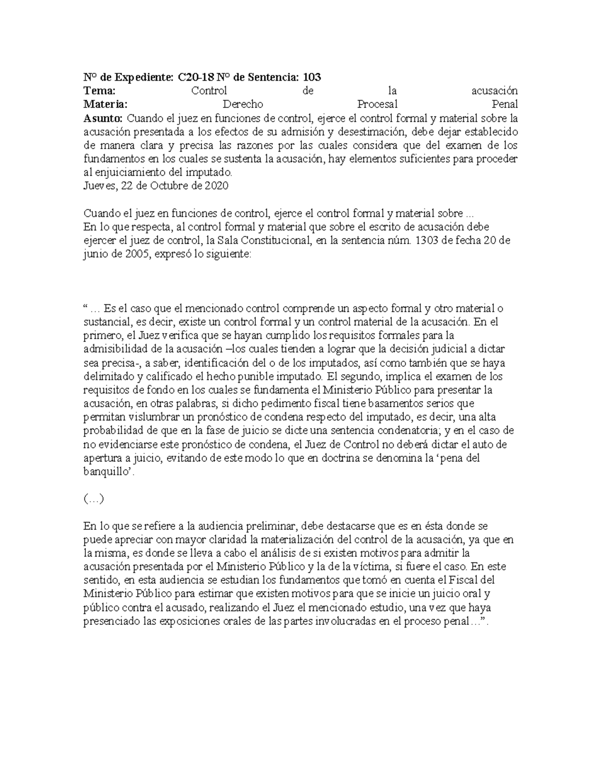 Control de la Acusación en el Proceso Penal: Caso C20-18 y Sentencia ...