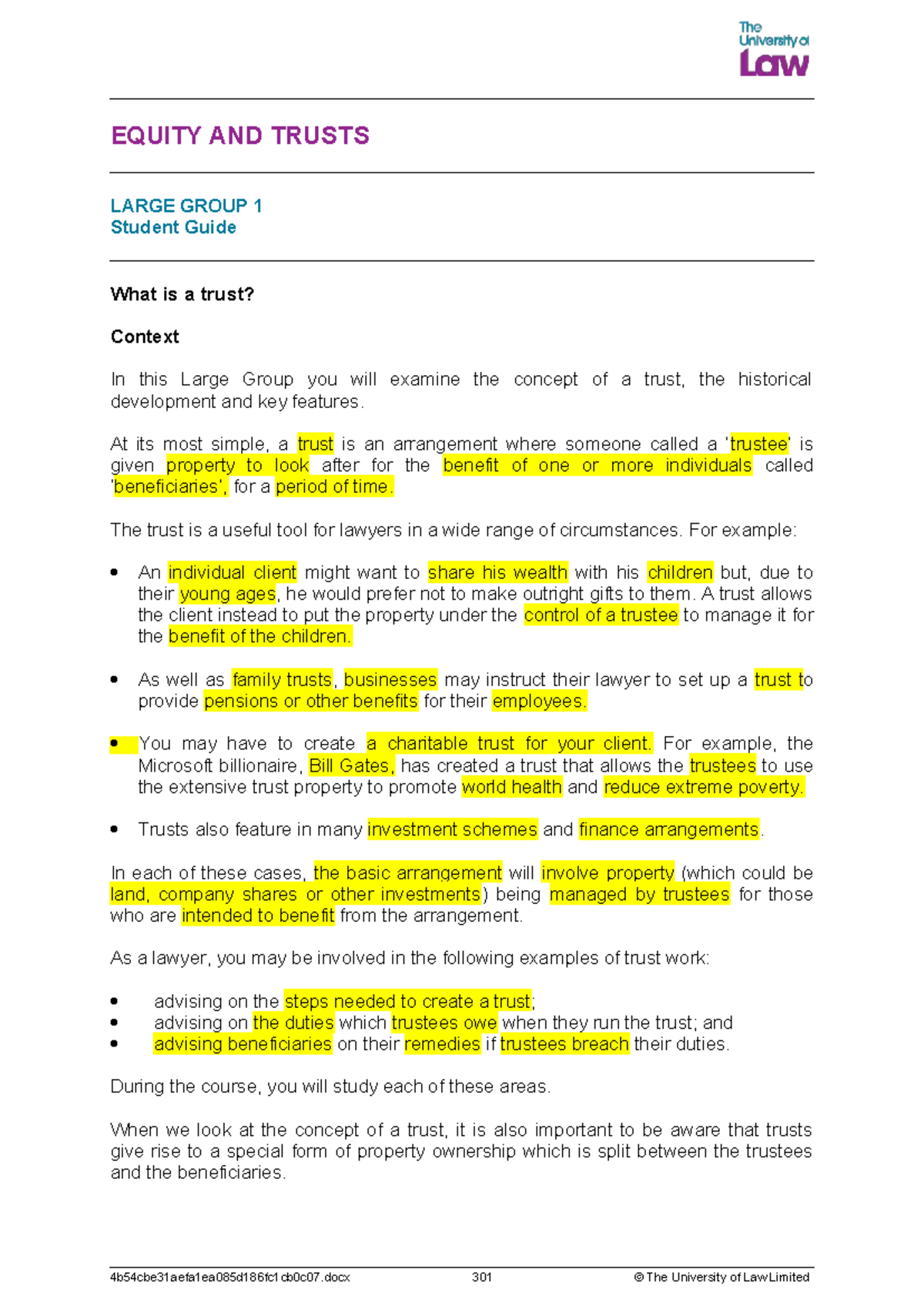 E&T - Unit One - lecture notes reading workshop - EQUITY AND TRUSTS ...