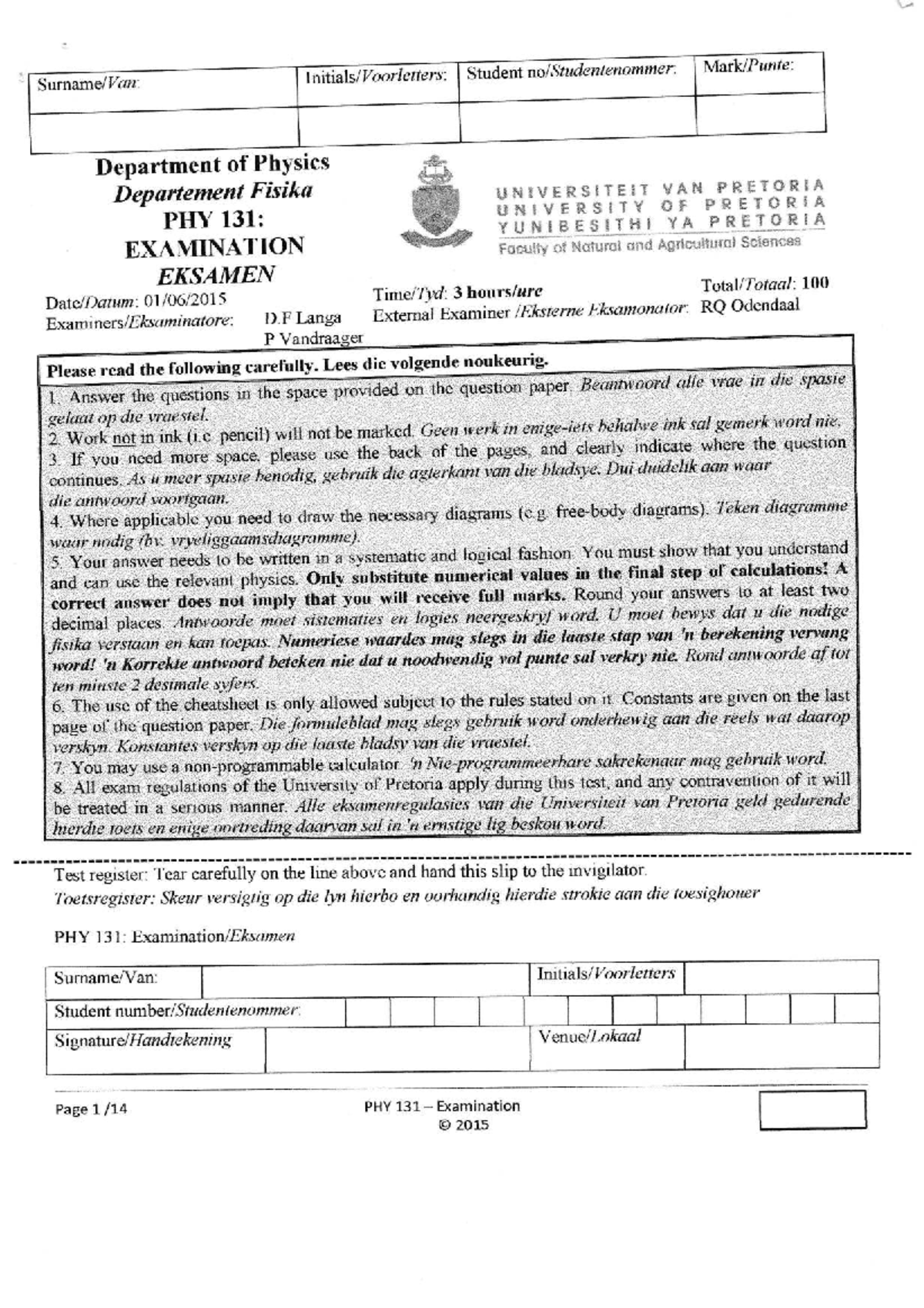 PHY 131: 2015 Final Exam Answers and Solutions - Studocu