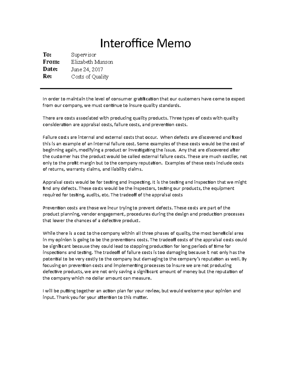 Business mgt task 1 - Business Management - Interoffice Memo To ...
