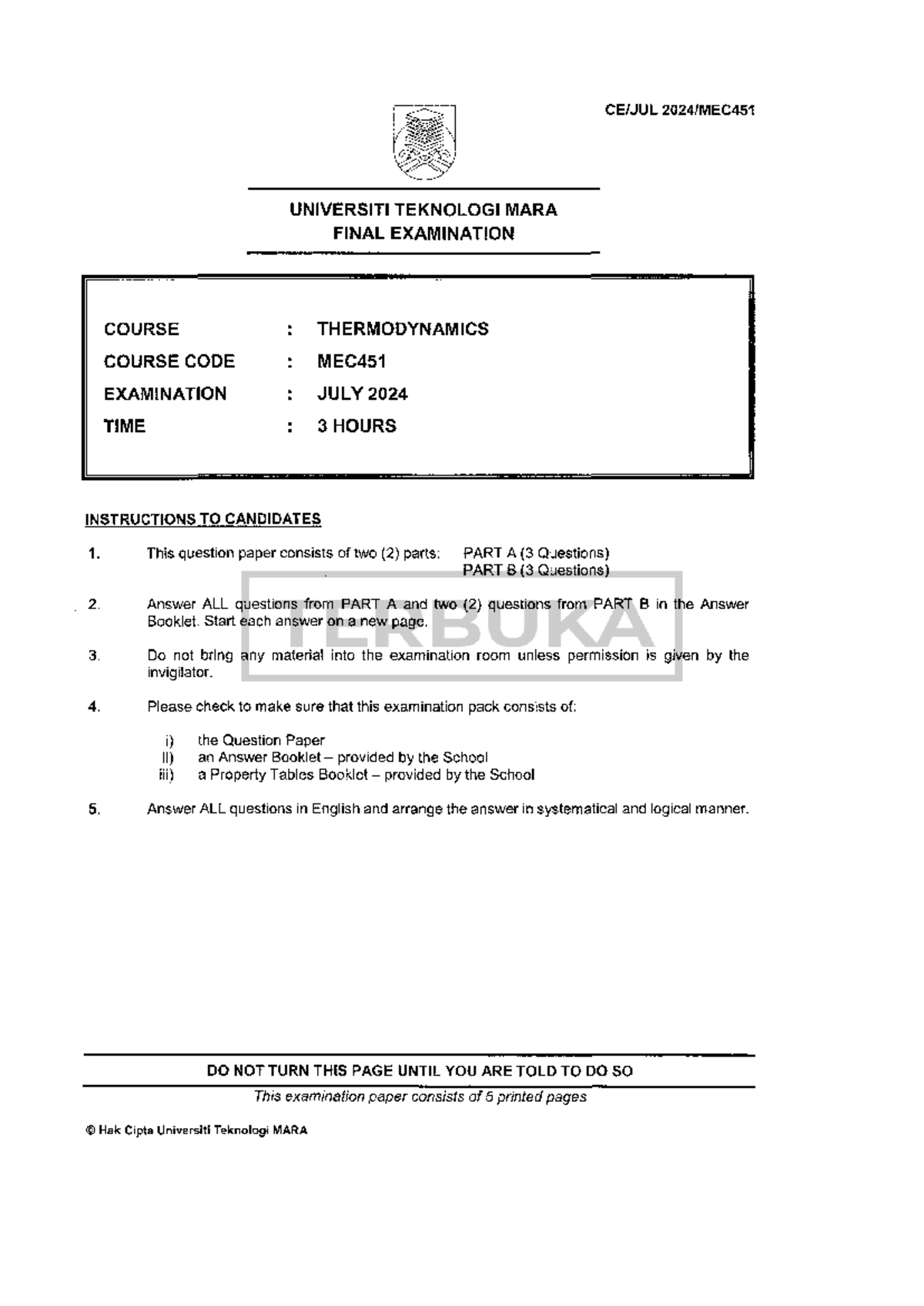 MEC451 Final Exam Paper: Thermodynamics July 2024 - Studocu