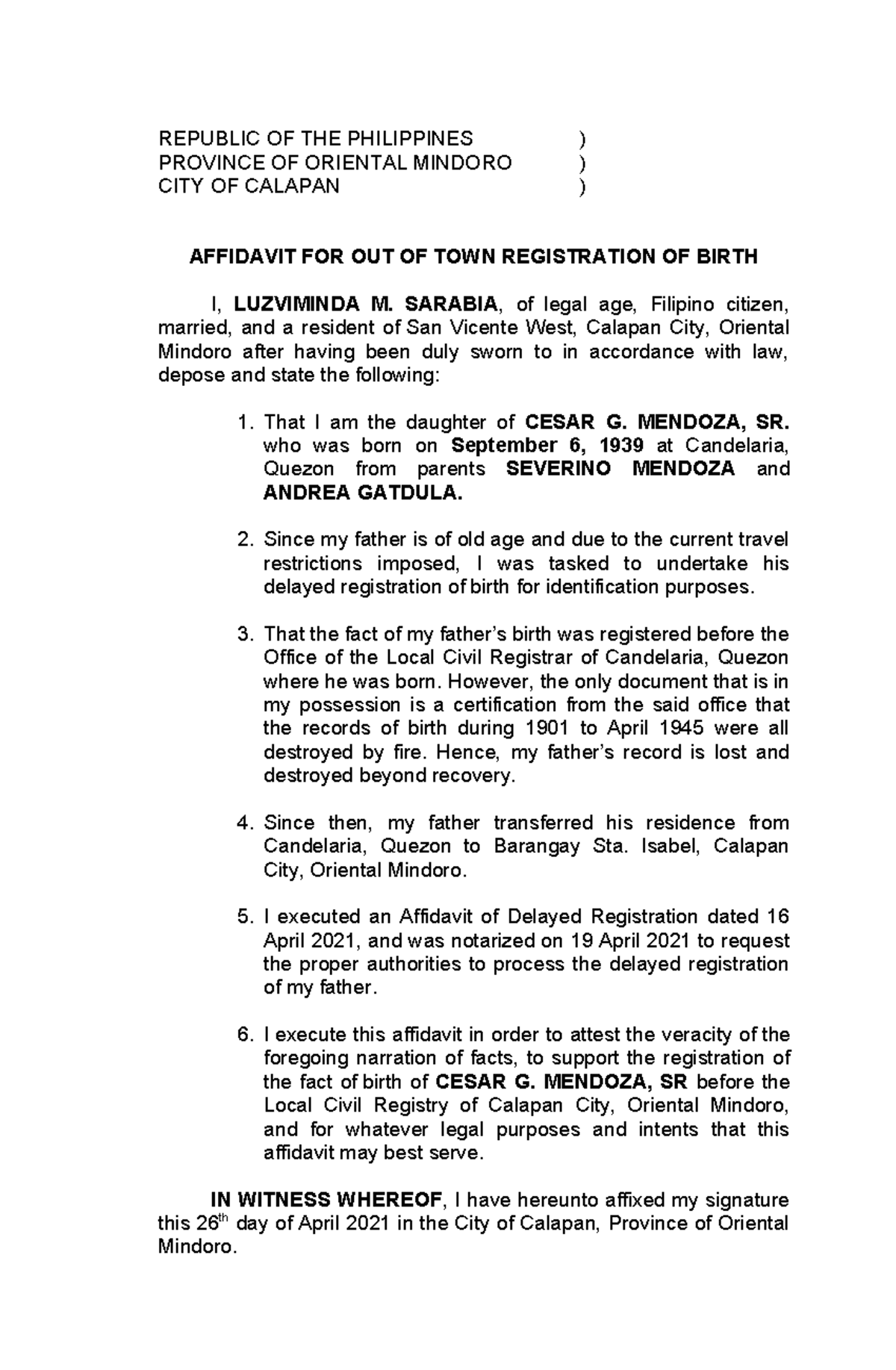 Affidavit for Out of Town Registration of Birth - REPUBLIC OF THE ...