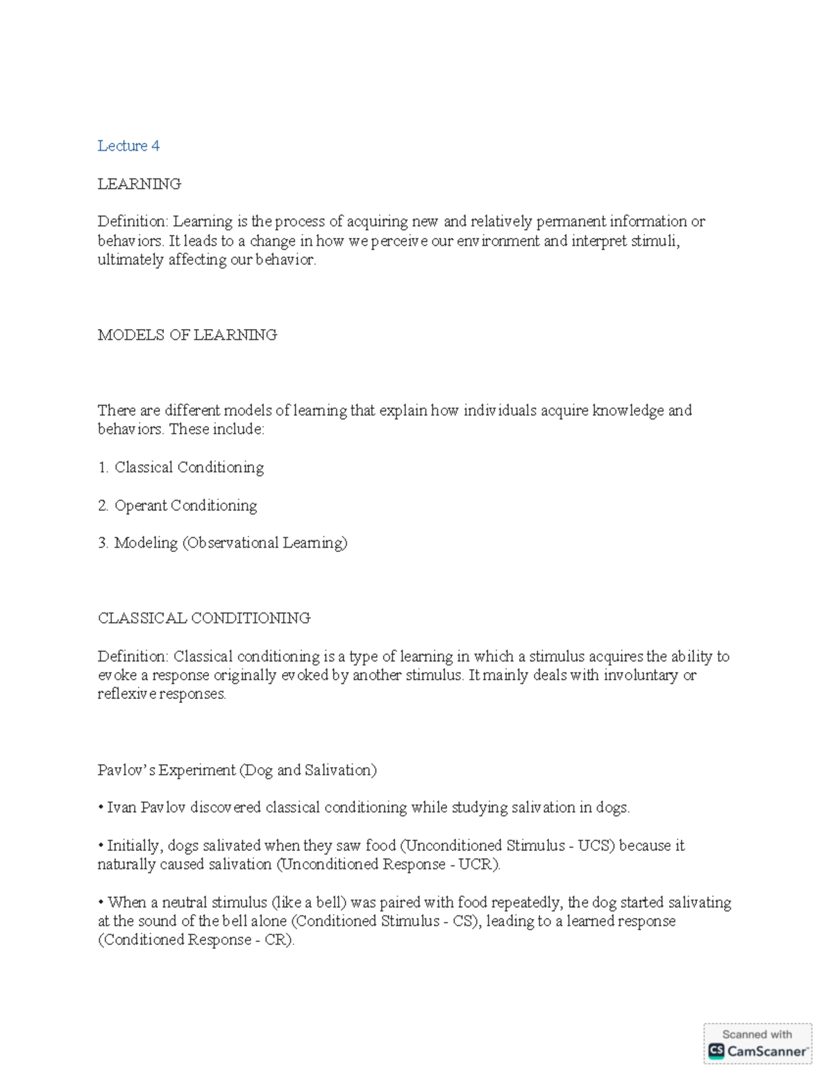 PSYC 101 Lecture 4: Learning Theories and Models in Psychology - Studocu
