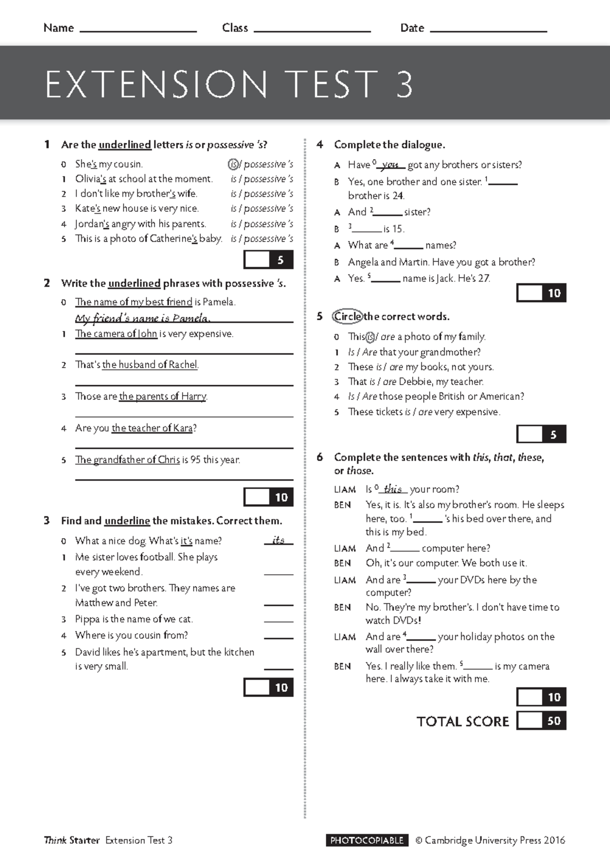 Unit 3 Extension Test - Possessive Forms and Dialogue Completion - Studocu