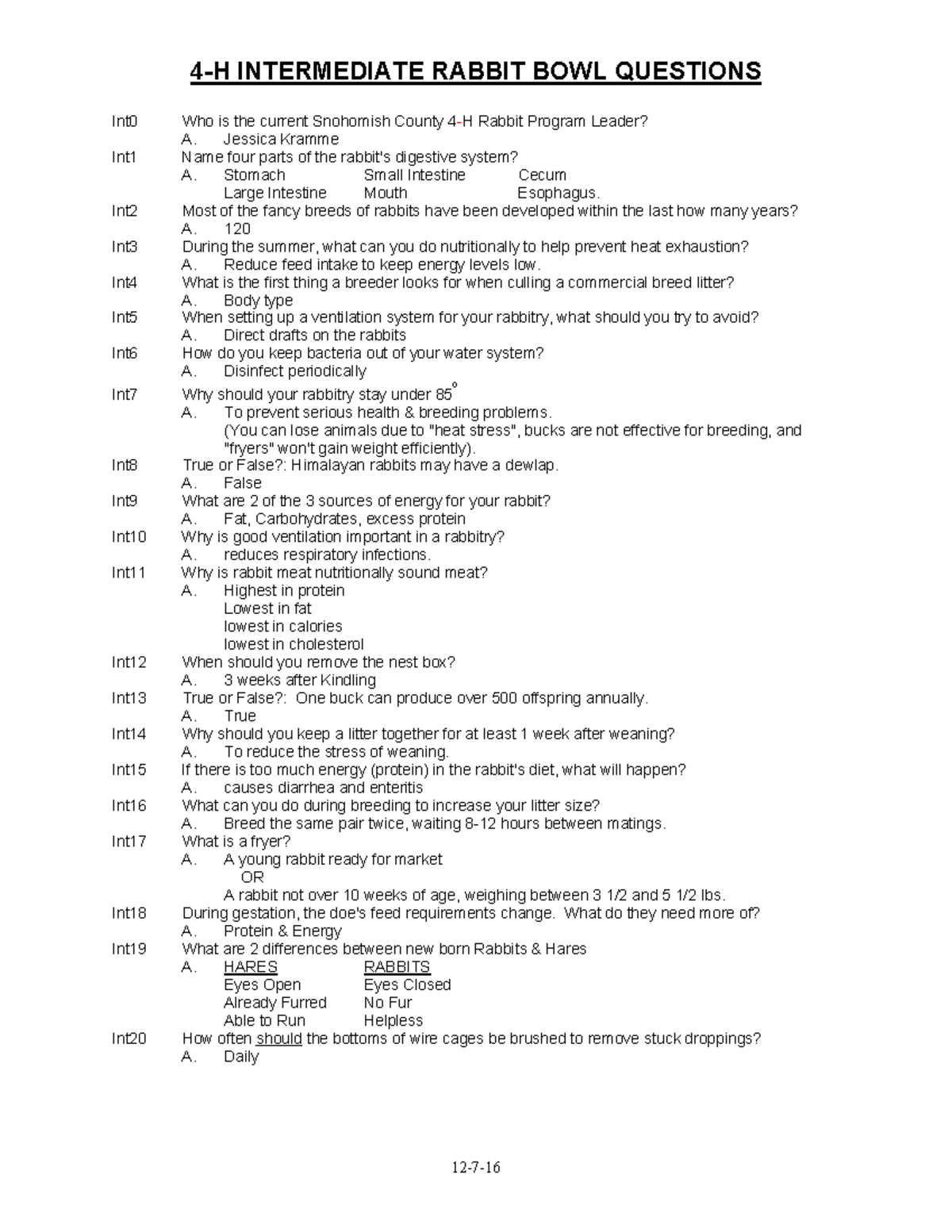 4-H Intermediate Rabbit Bowl Q&A: Comprehensive Study Guide - Studocu