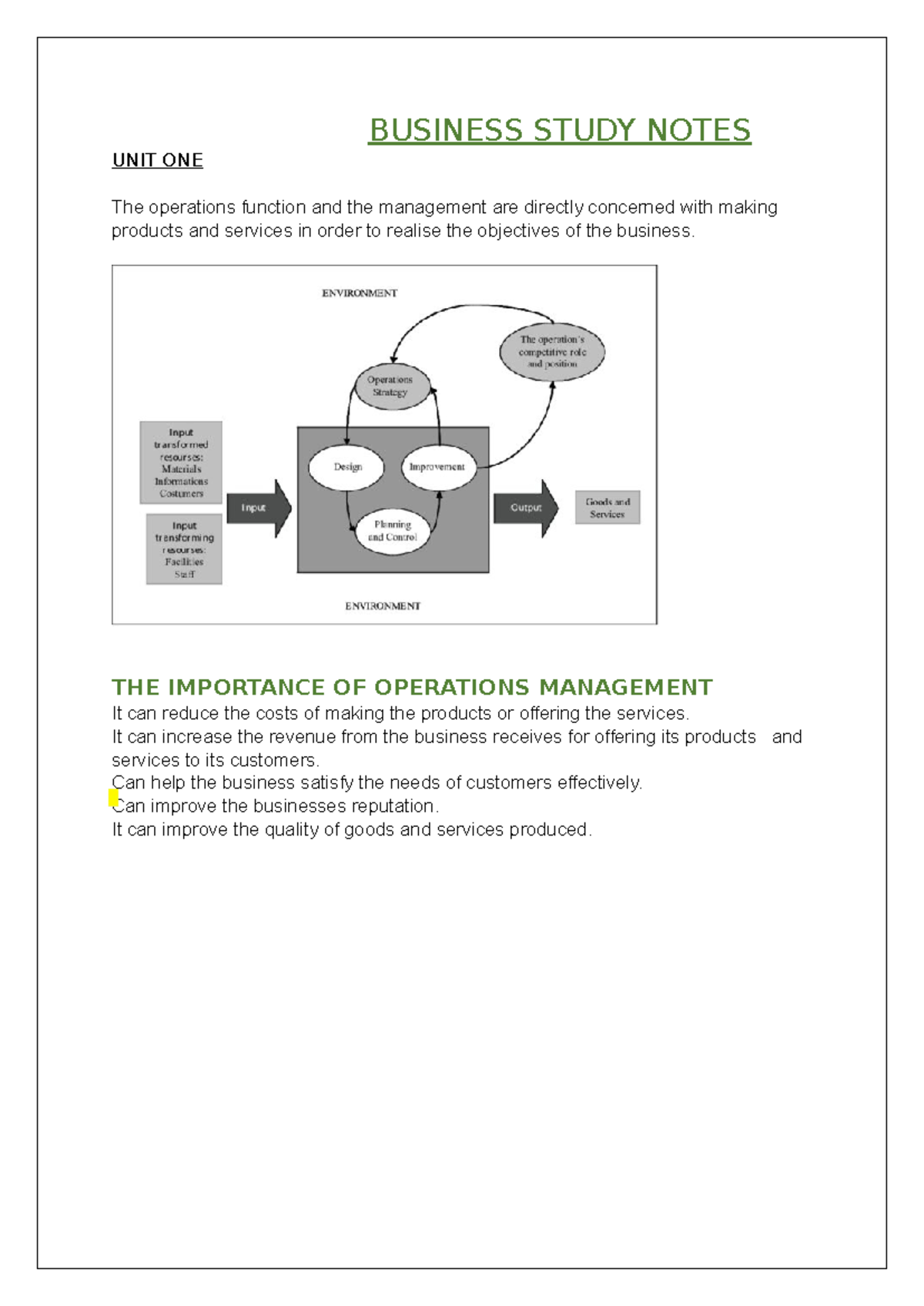 Business UNIT 1 - Essential Operations Management Study Notes - Studocu