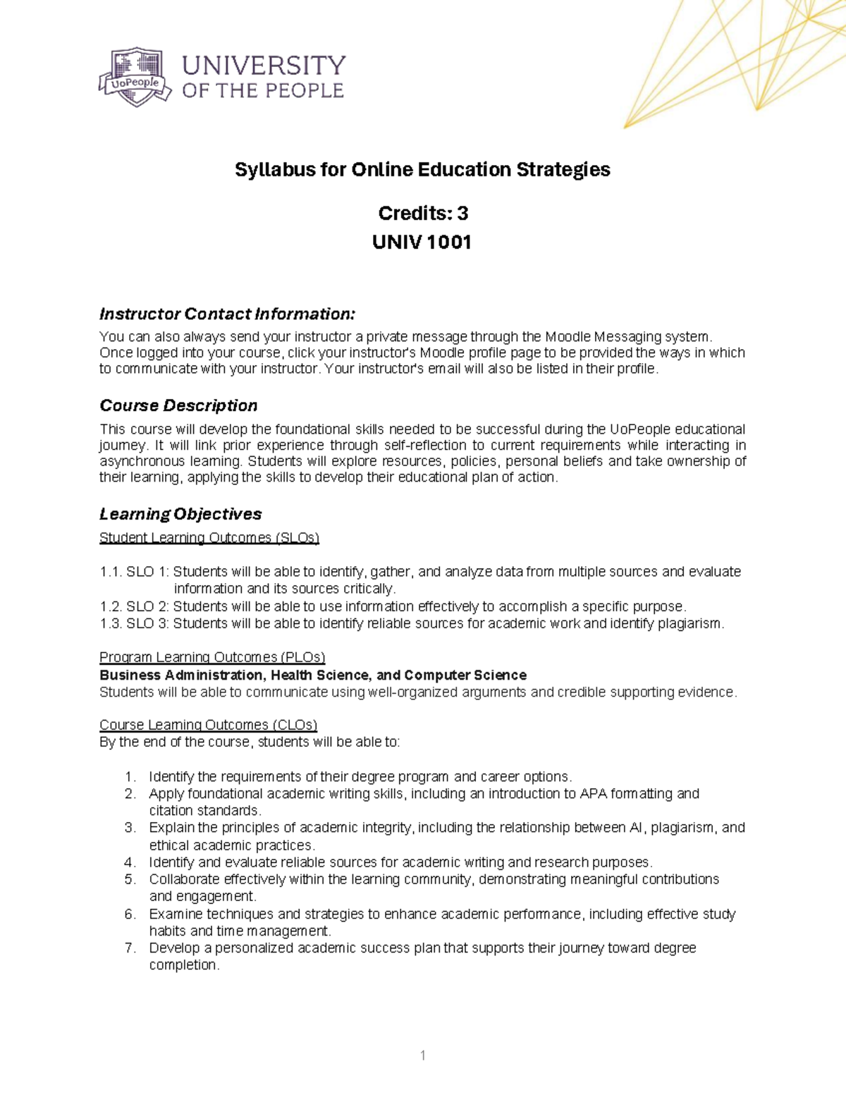 UNIV 1001 Syllabus: Online Education Strategies Overview - Studocu