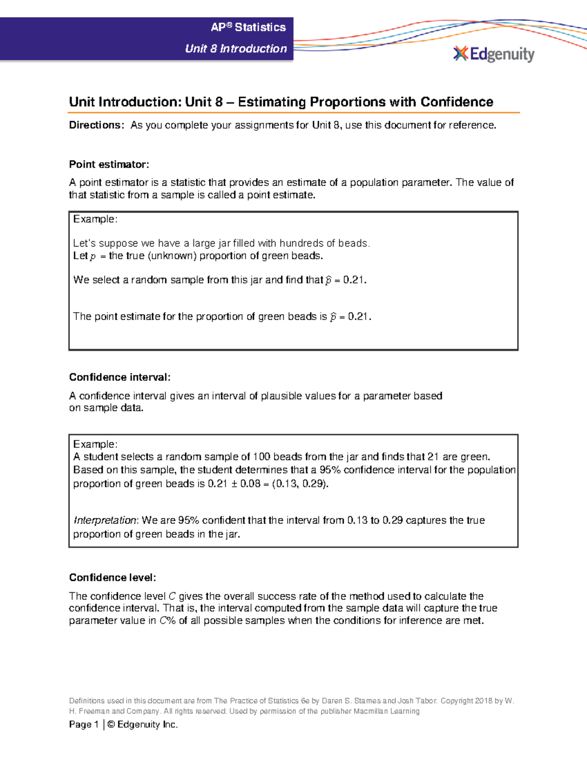 AP Statistics Introduction Unit 8 Student - Definitions used in this ...